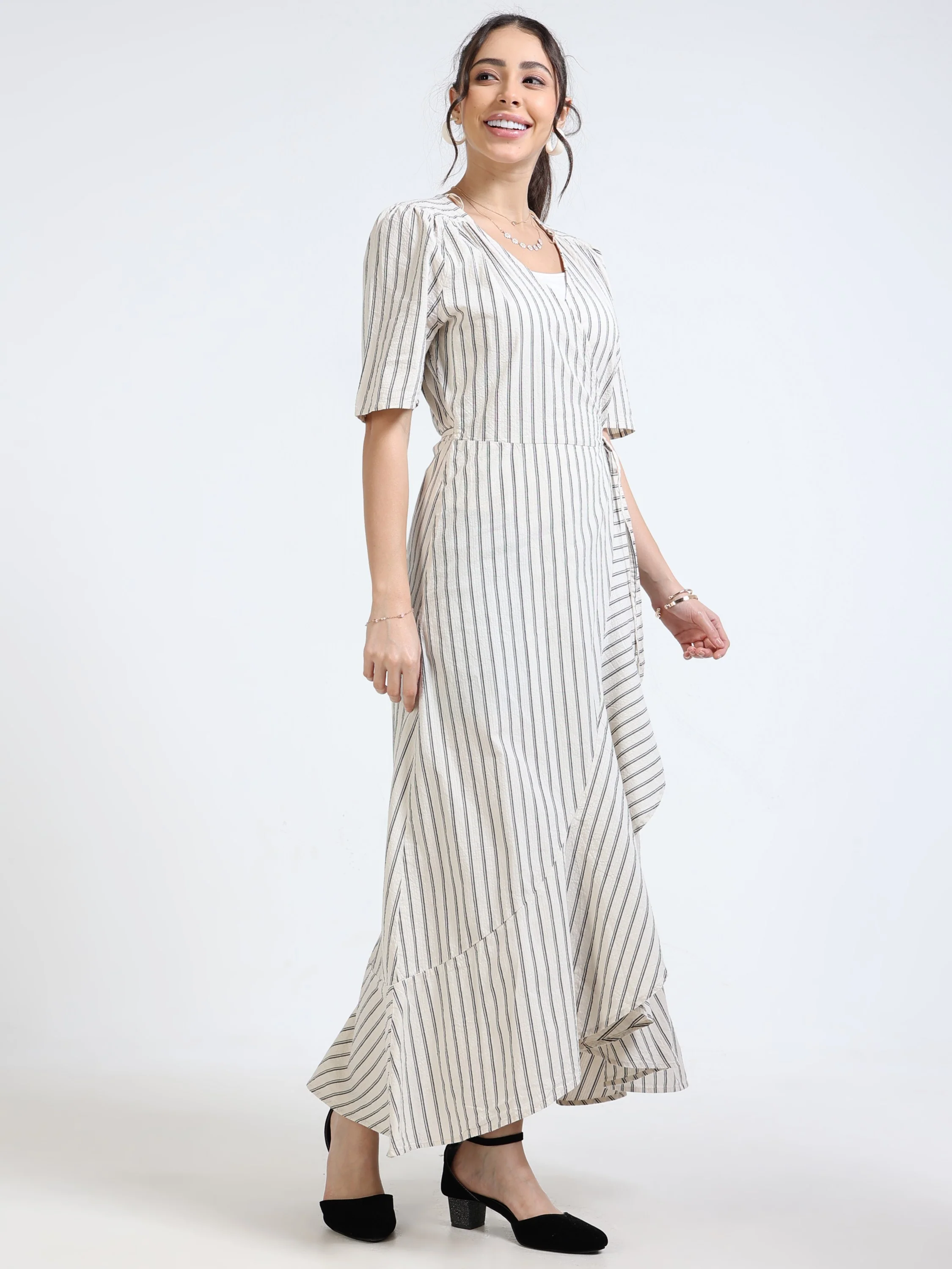 Women Beige Black Wrap Dress - Image 5