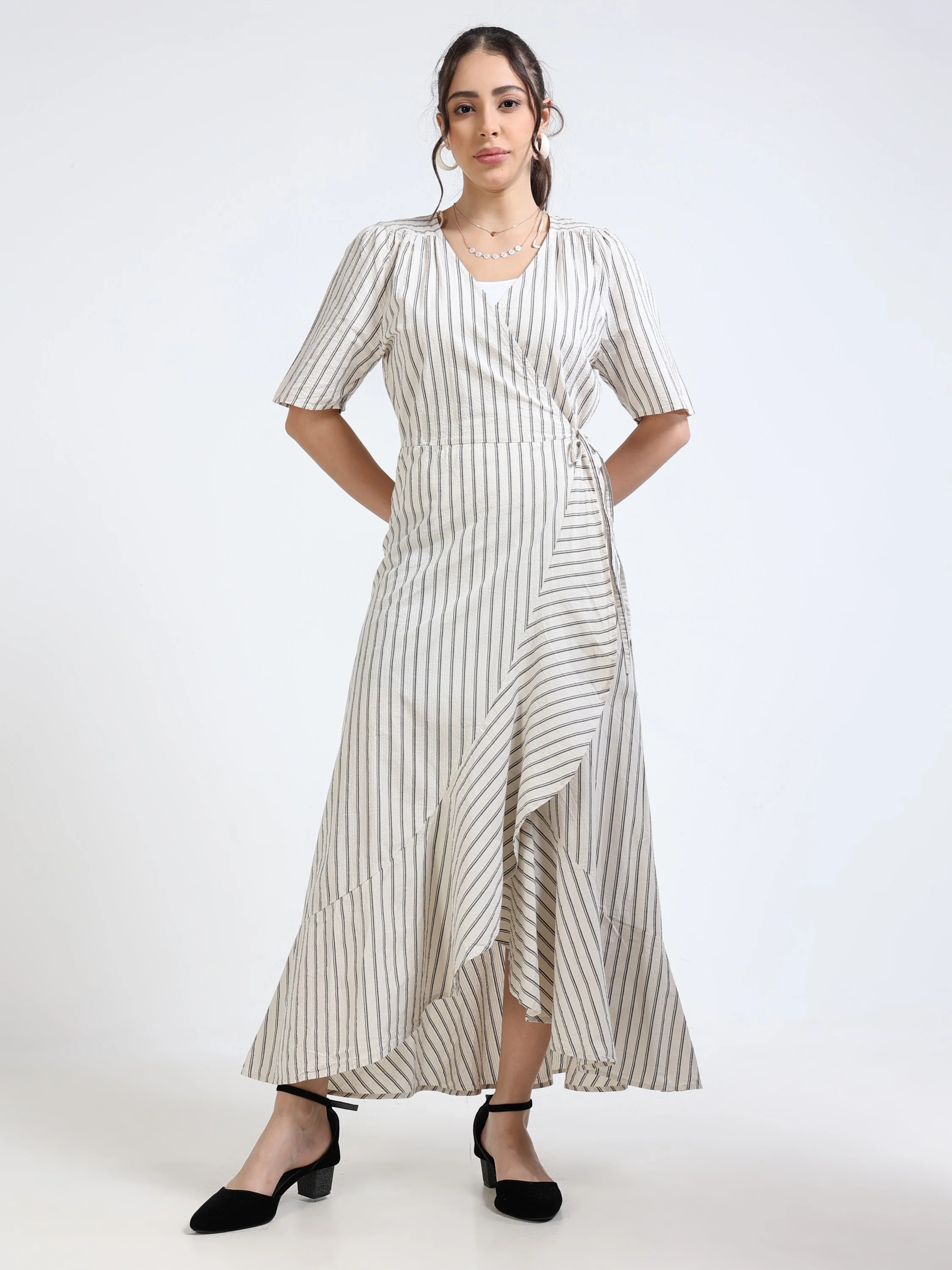 Women Beige Black Wrap Dress - Image 6