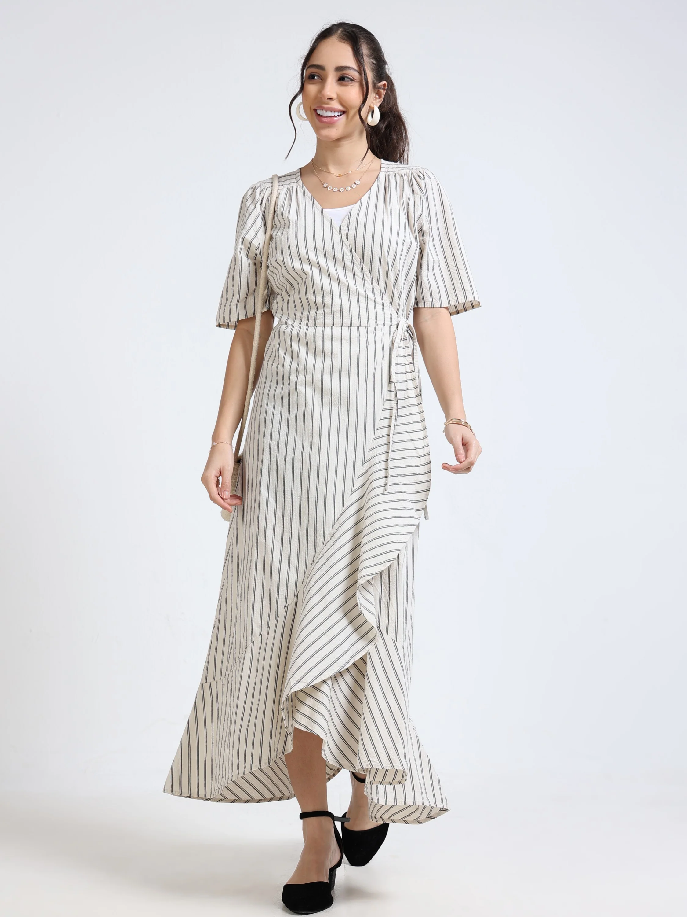 Women Beige Black Wrap Dress - Image 7