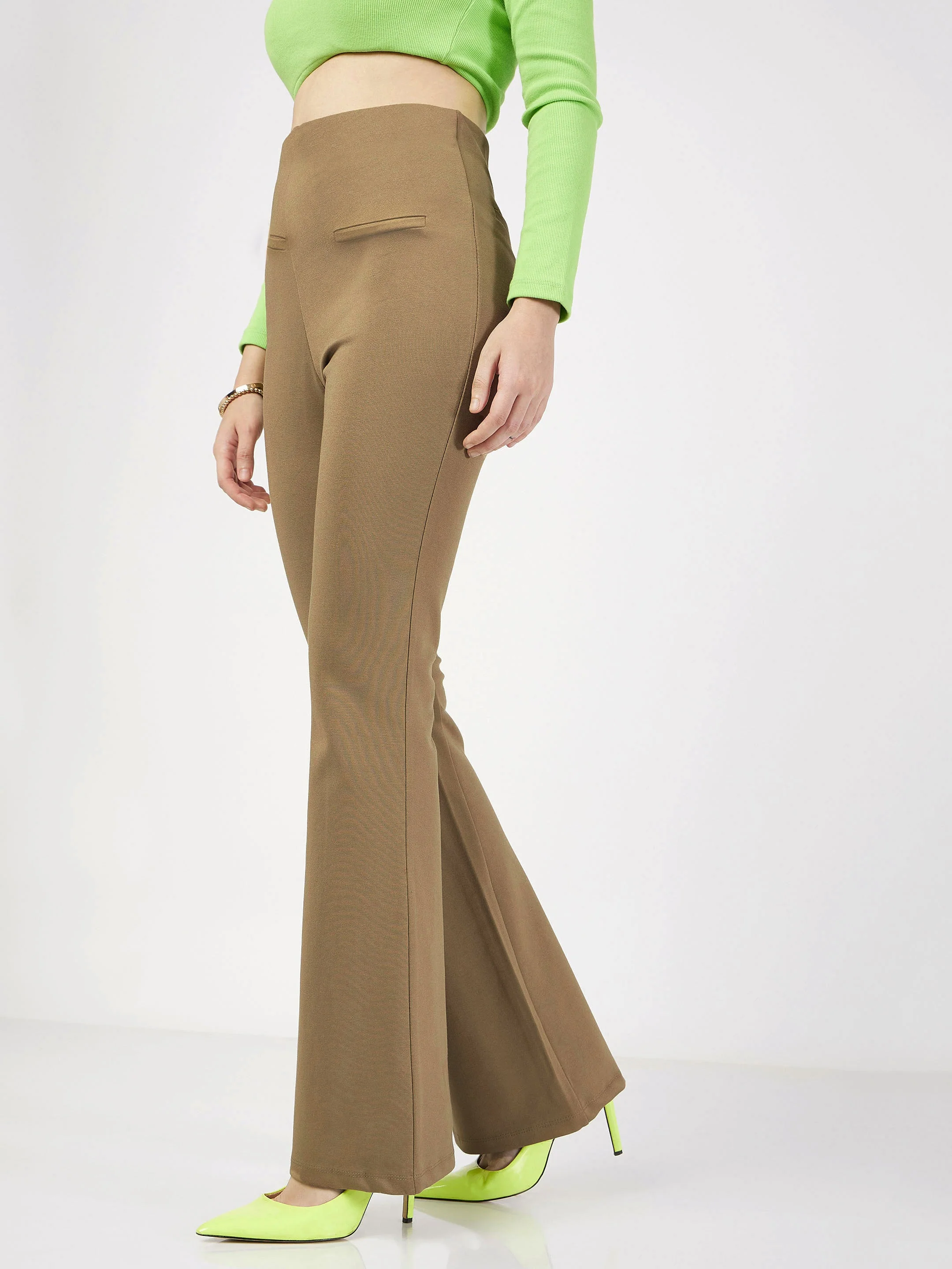 Women Beige Bone Pocket Bell Bottom Pants - Image 3