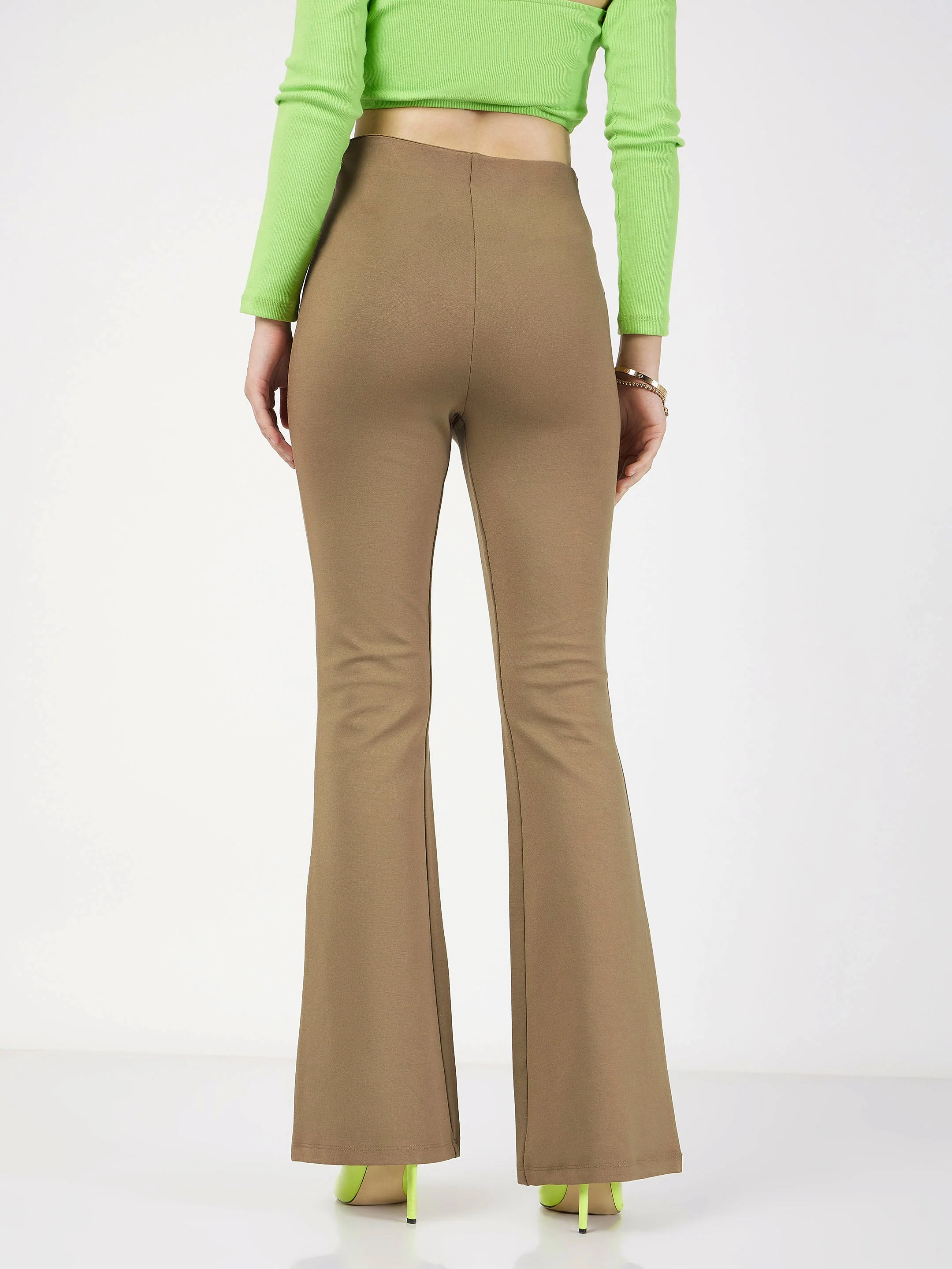Women Beige Bone Pocket Bell Bottom Pants - Image 5