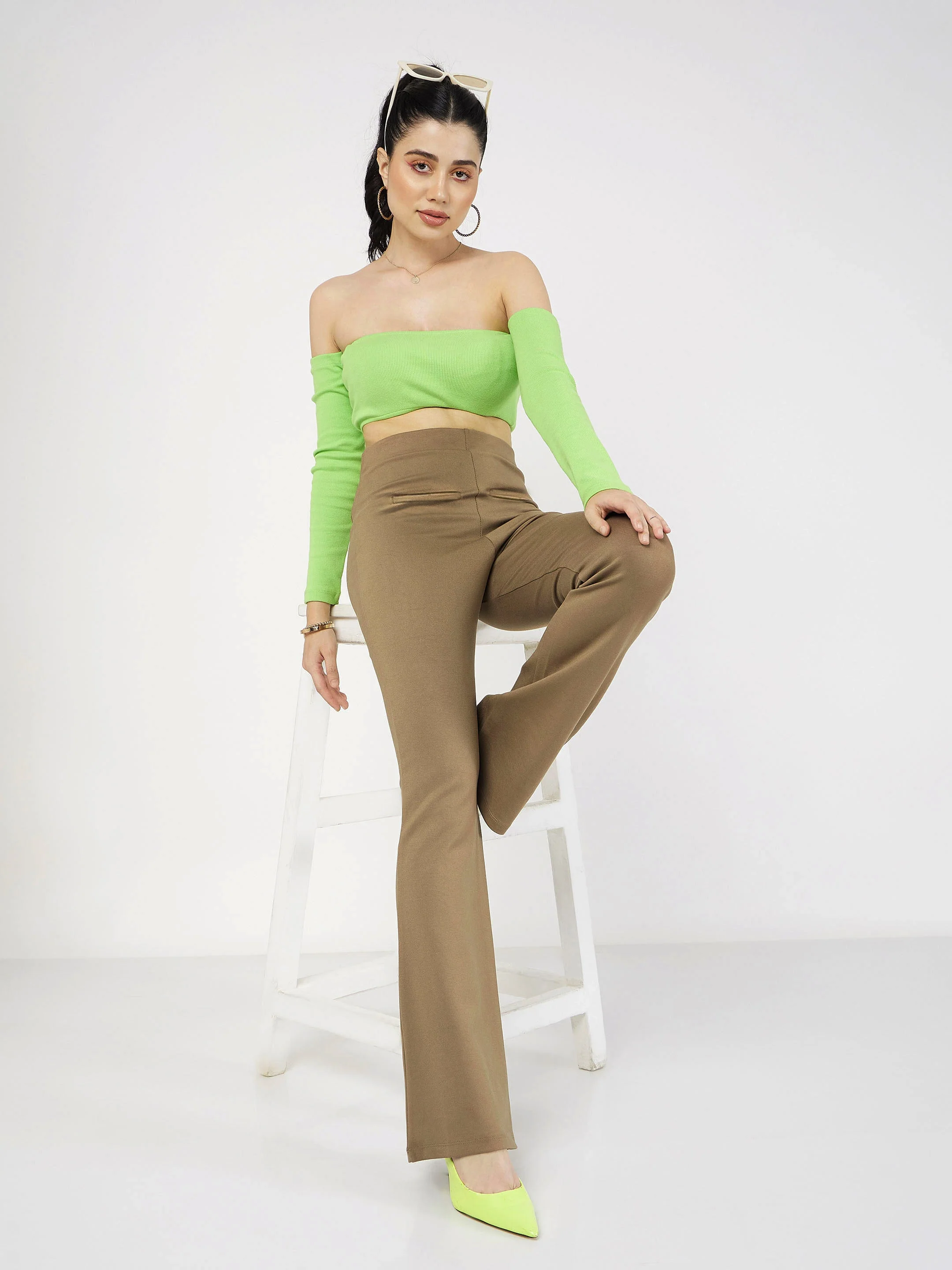 Women Beige Bone Pocket Bell Bottom Pants - Image 6