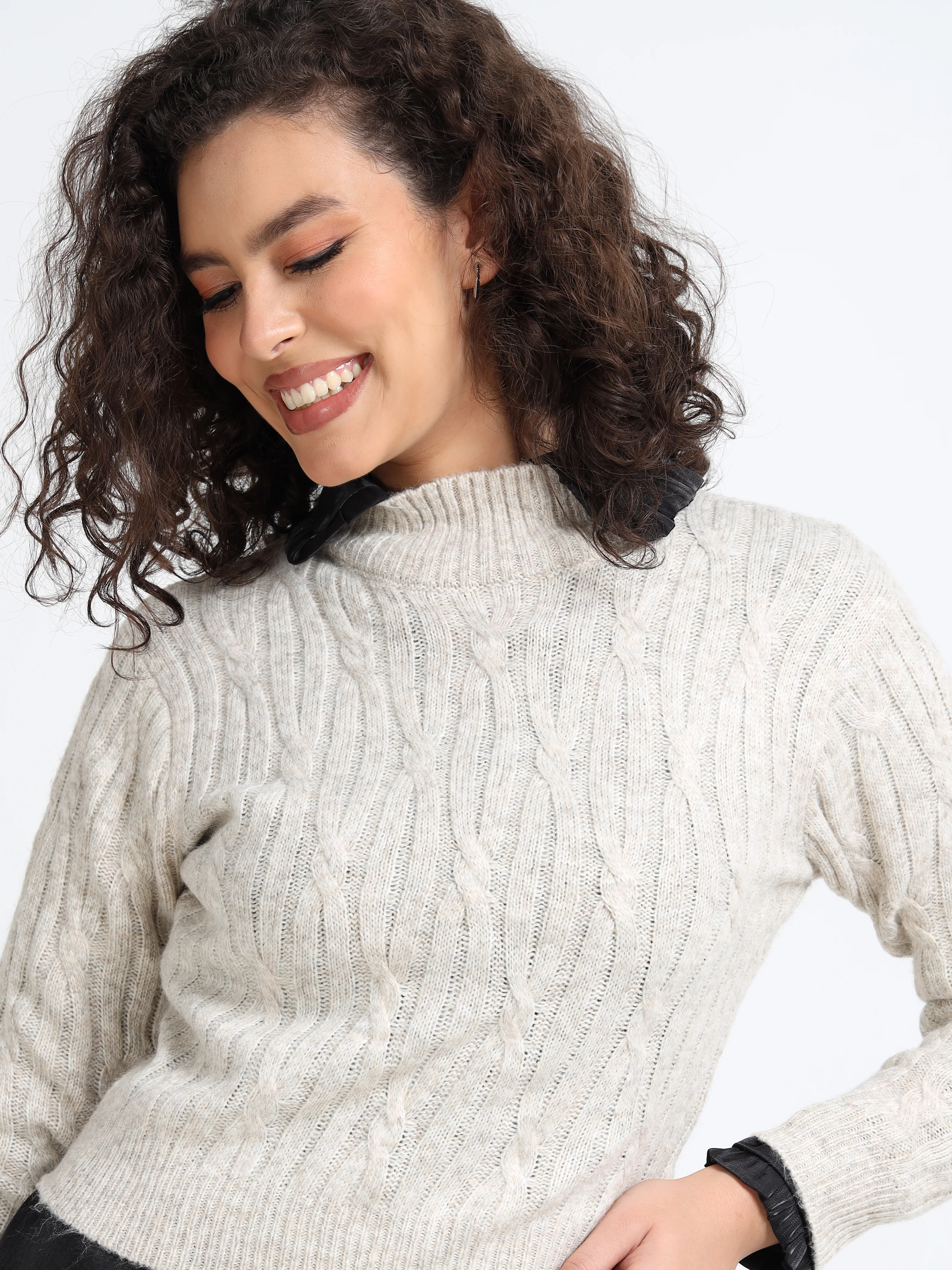 Women Beige Cable Knit Sweater - Image 2