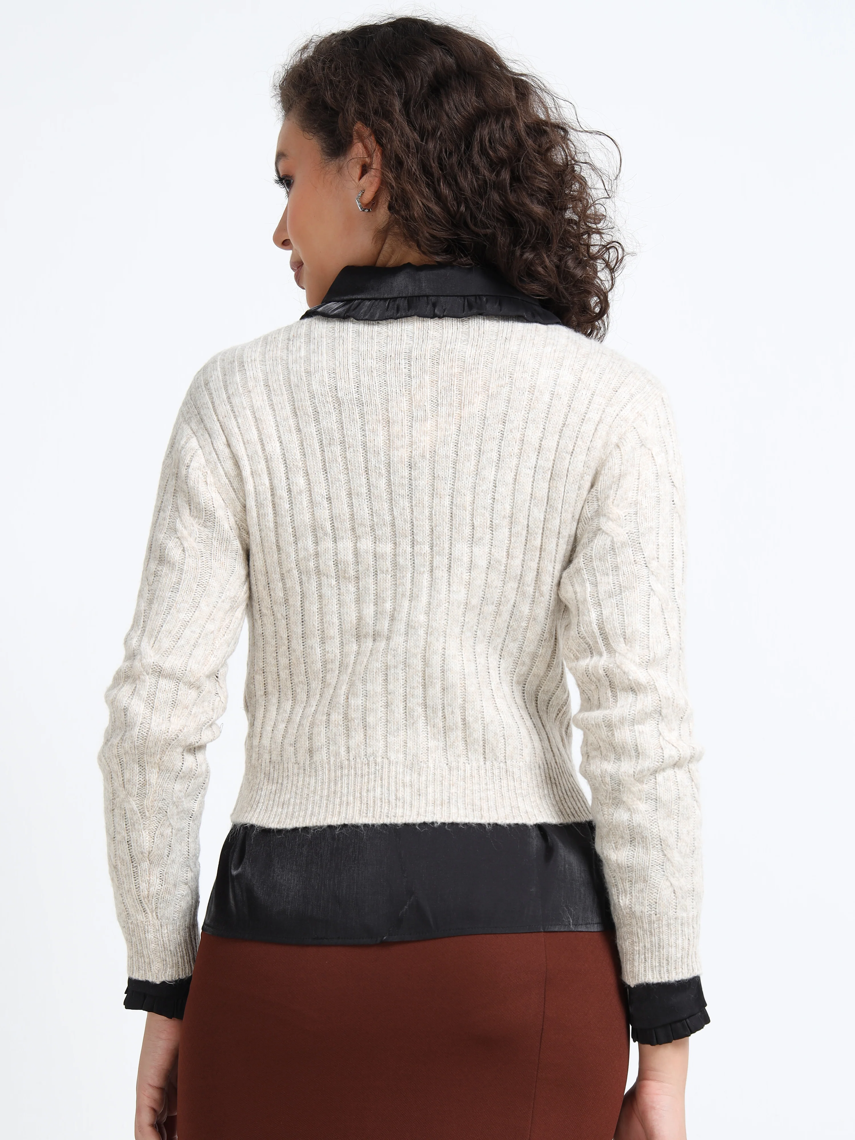 Women Beige Cable Knit Sweater - Image 3