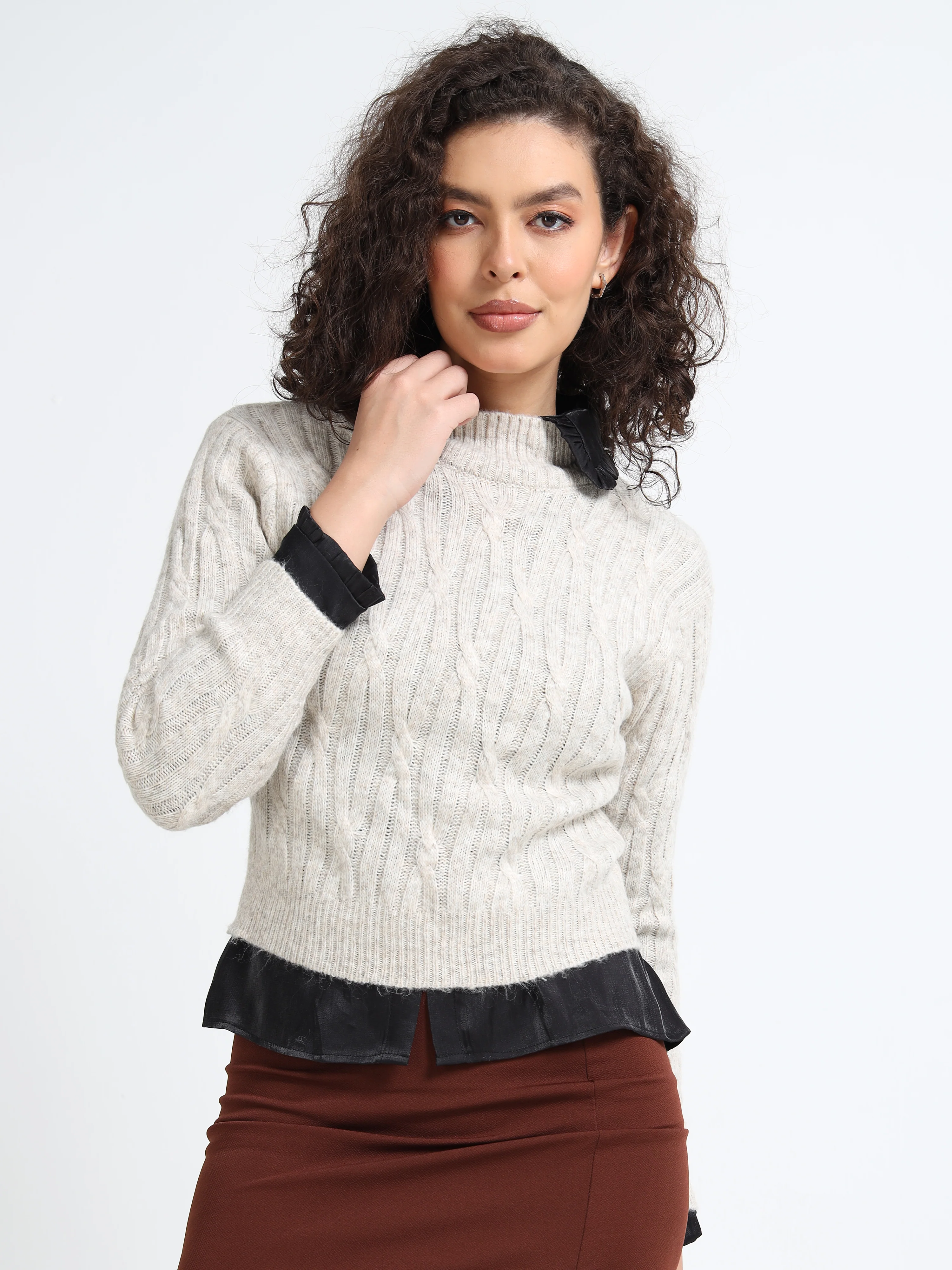 Women Beige Cable Knit Sweater - Image 6