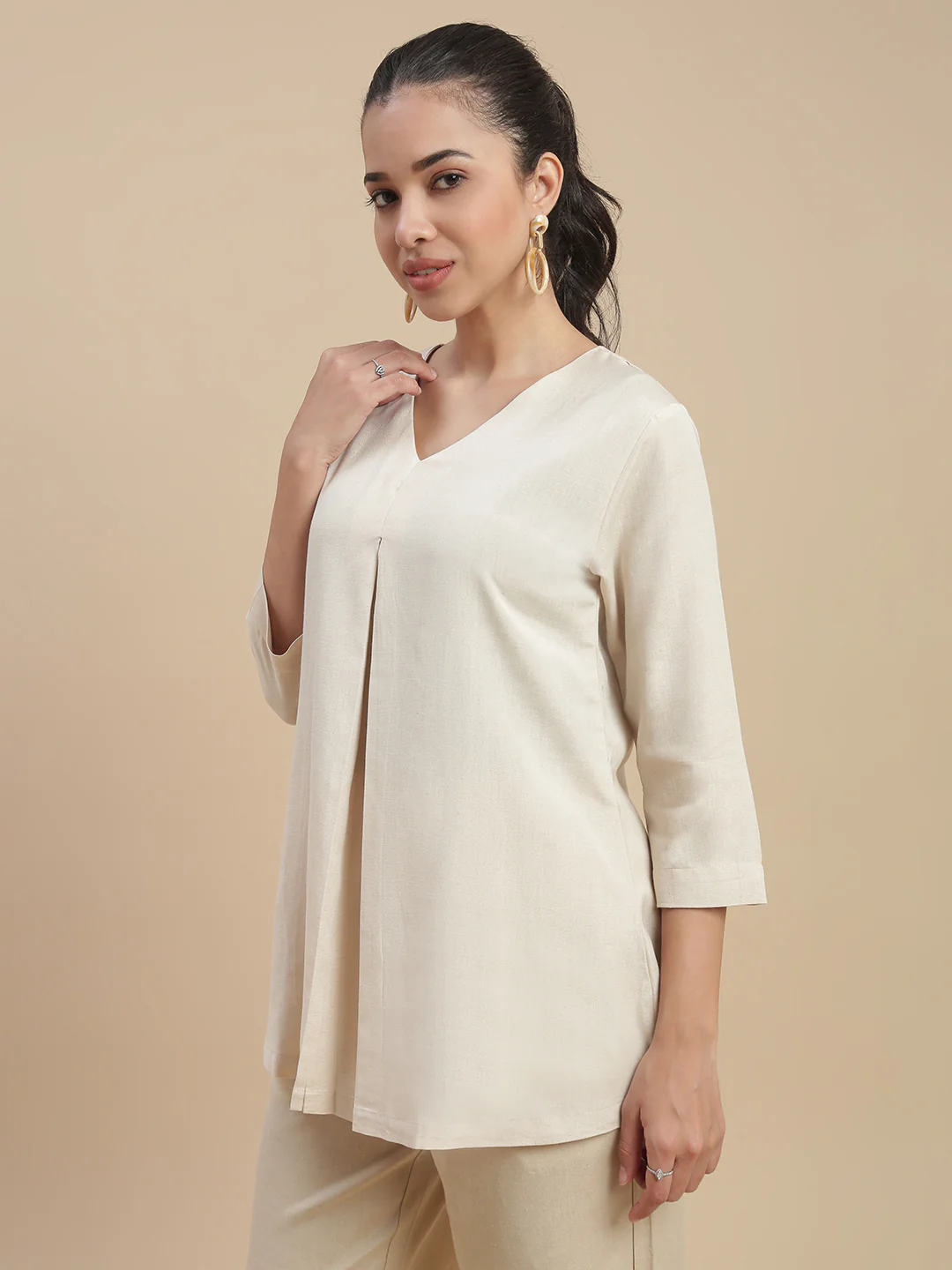 Women Beige Casual Tunic Top - Image 2