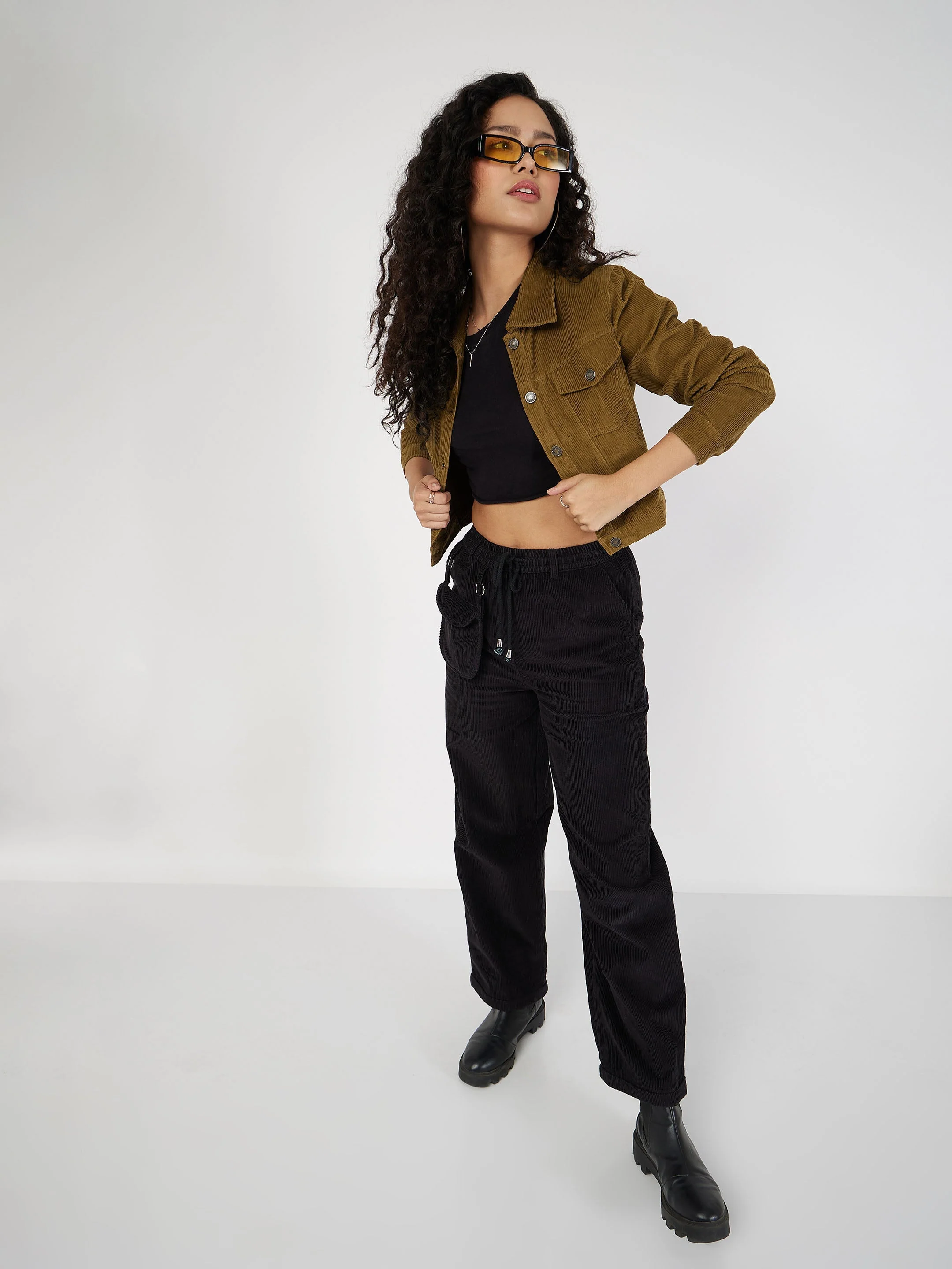 Women Beige Corduroy Boxy Jacket - Image 2