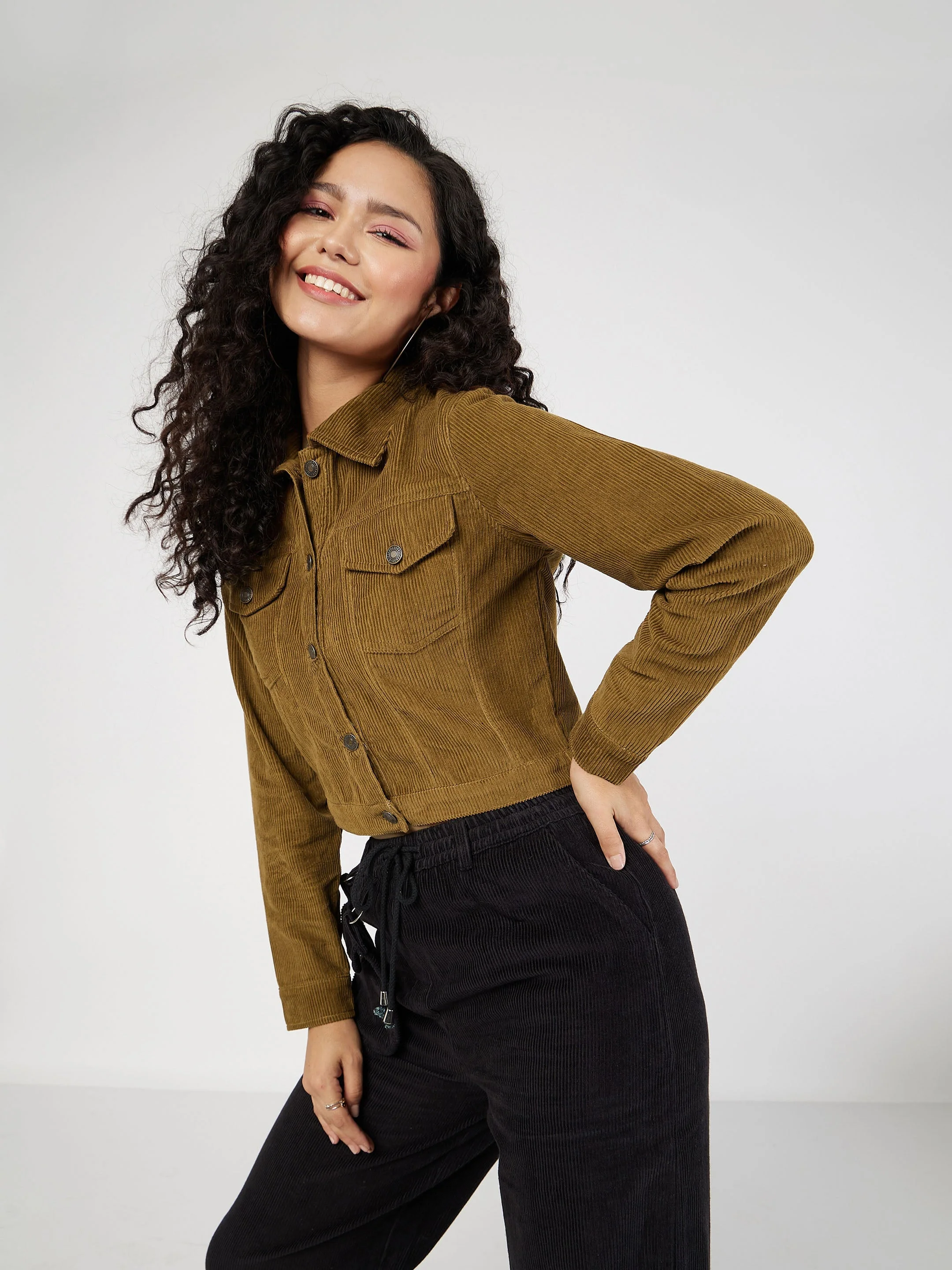 Women Beige Corduroy Boxy Jacket - Image 3