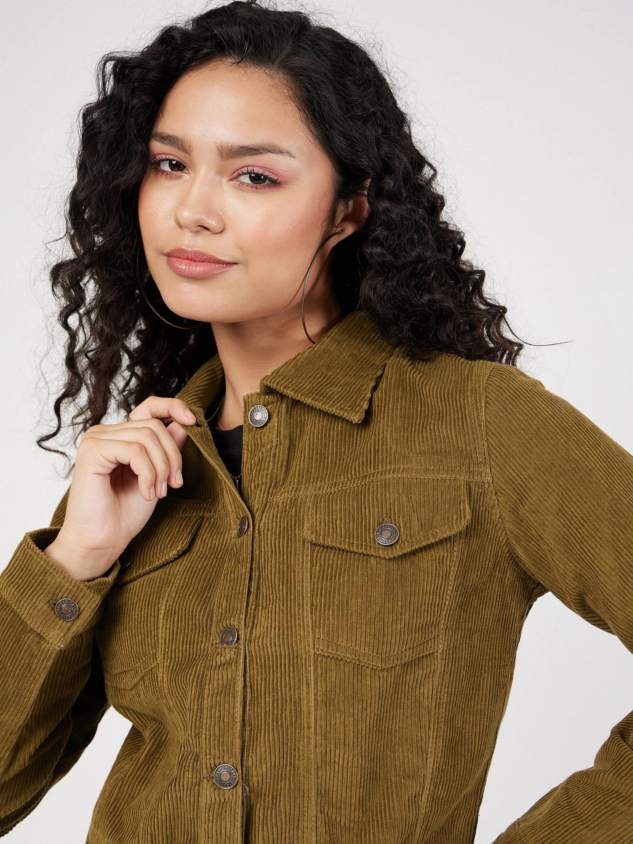 Women Beige Corduroy Boxy Jacket - Image 4