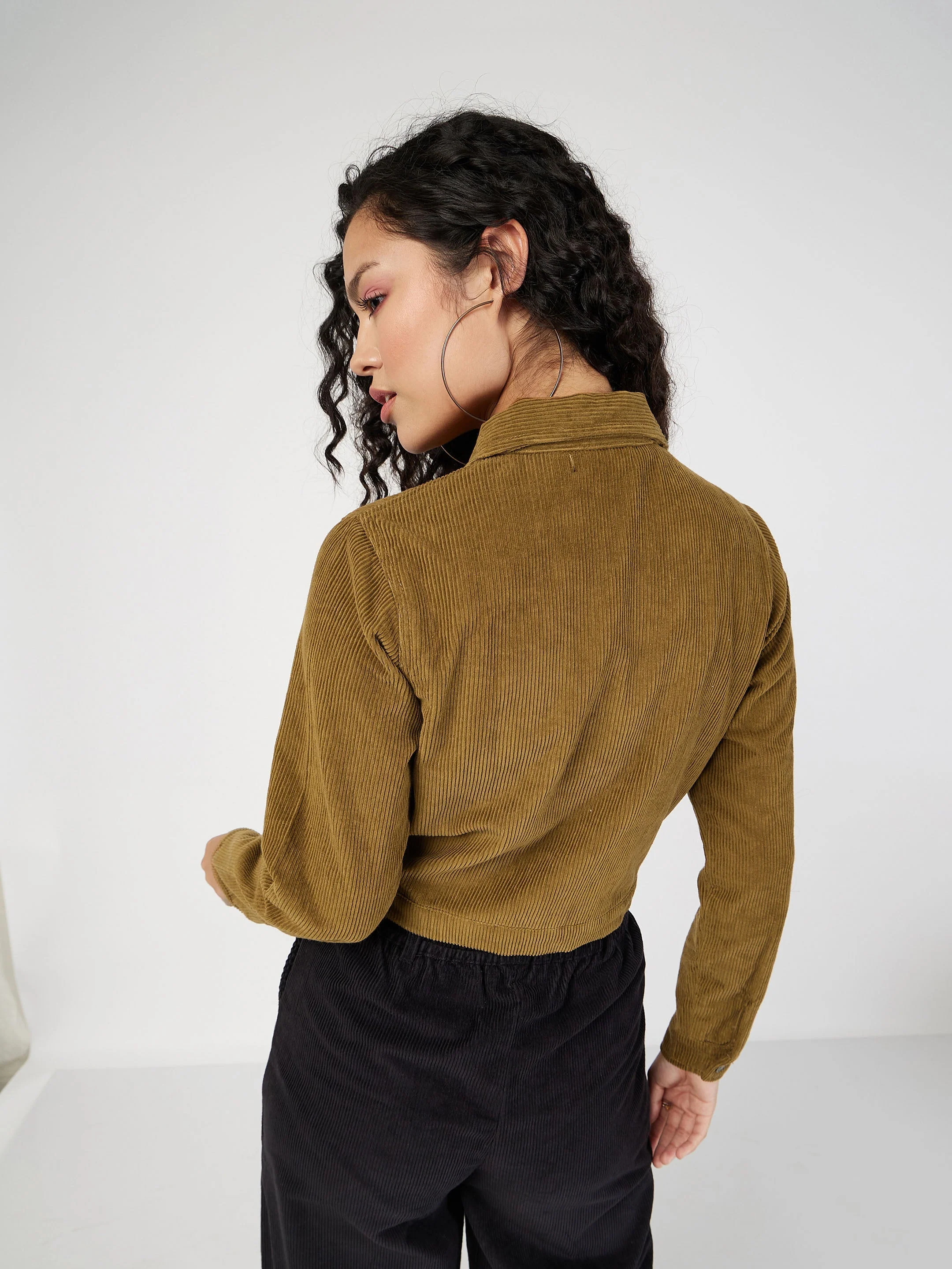 Women Beige Corduroy Boxy Jacket - Image 5