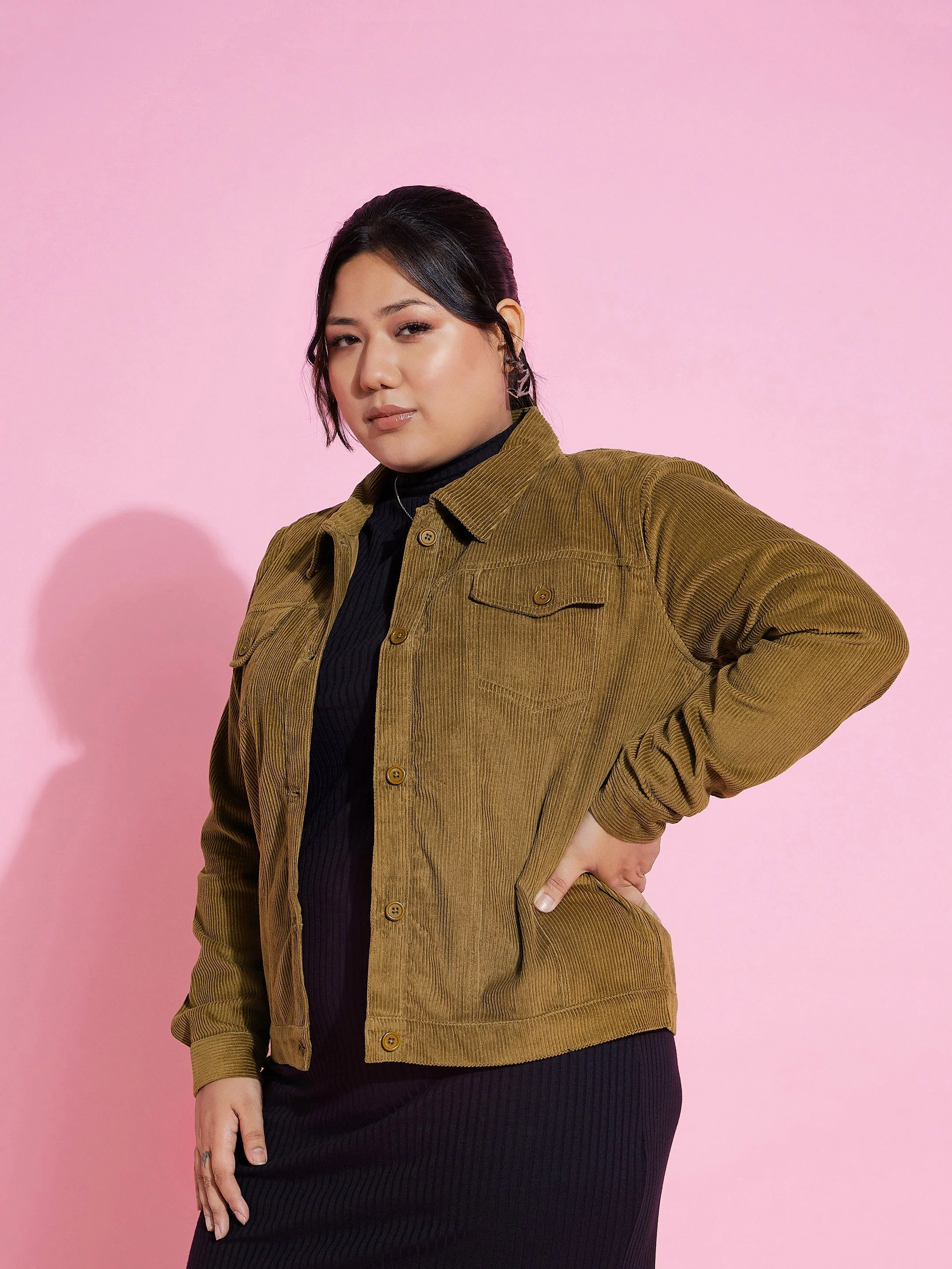 Women Beige Corduroy Button Jacket - Image 3