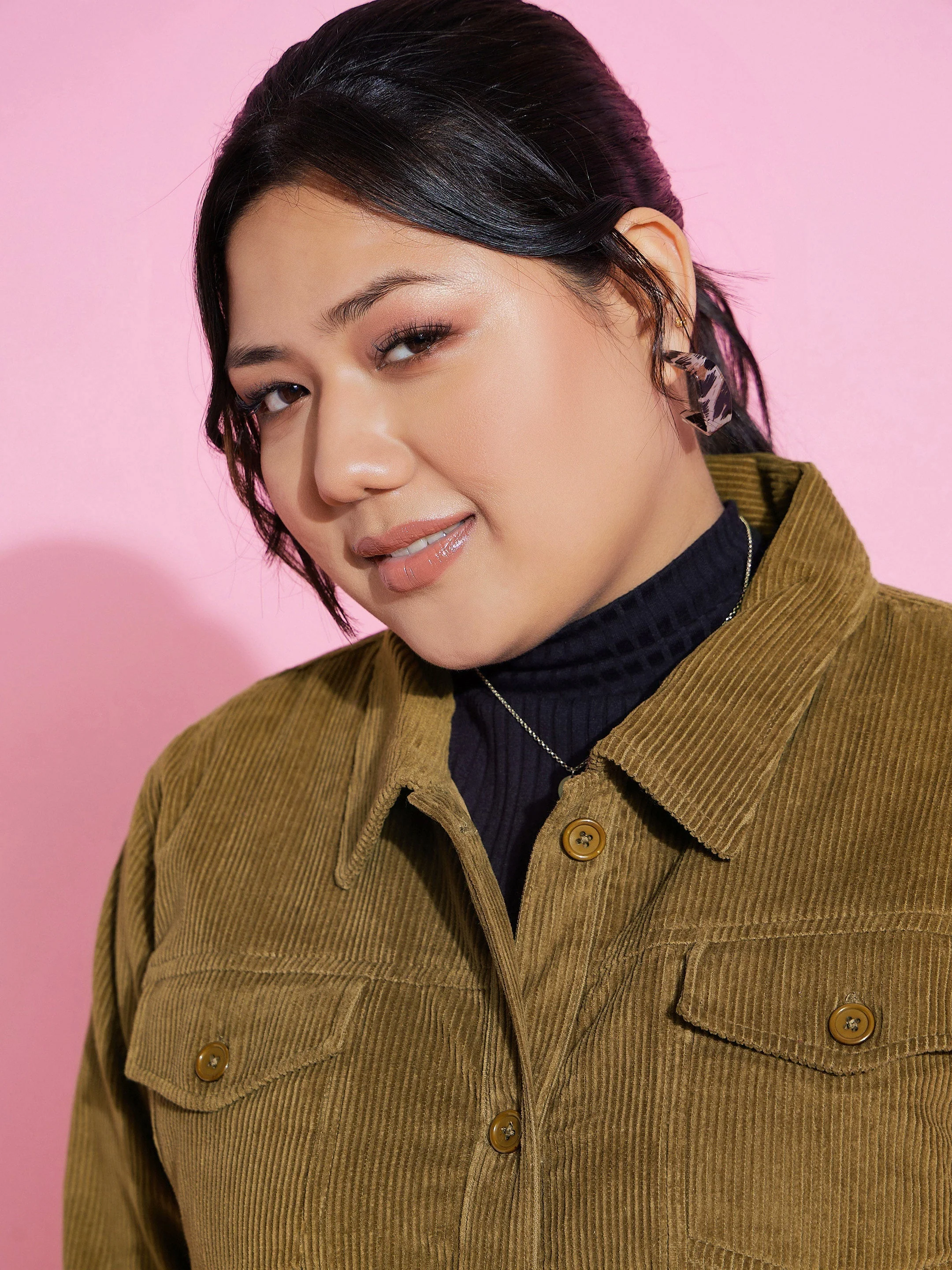 Women Beige Corduroy Button Jacket - Image 4