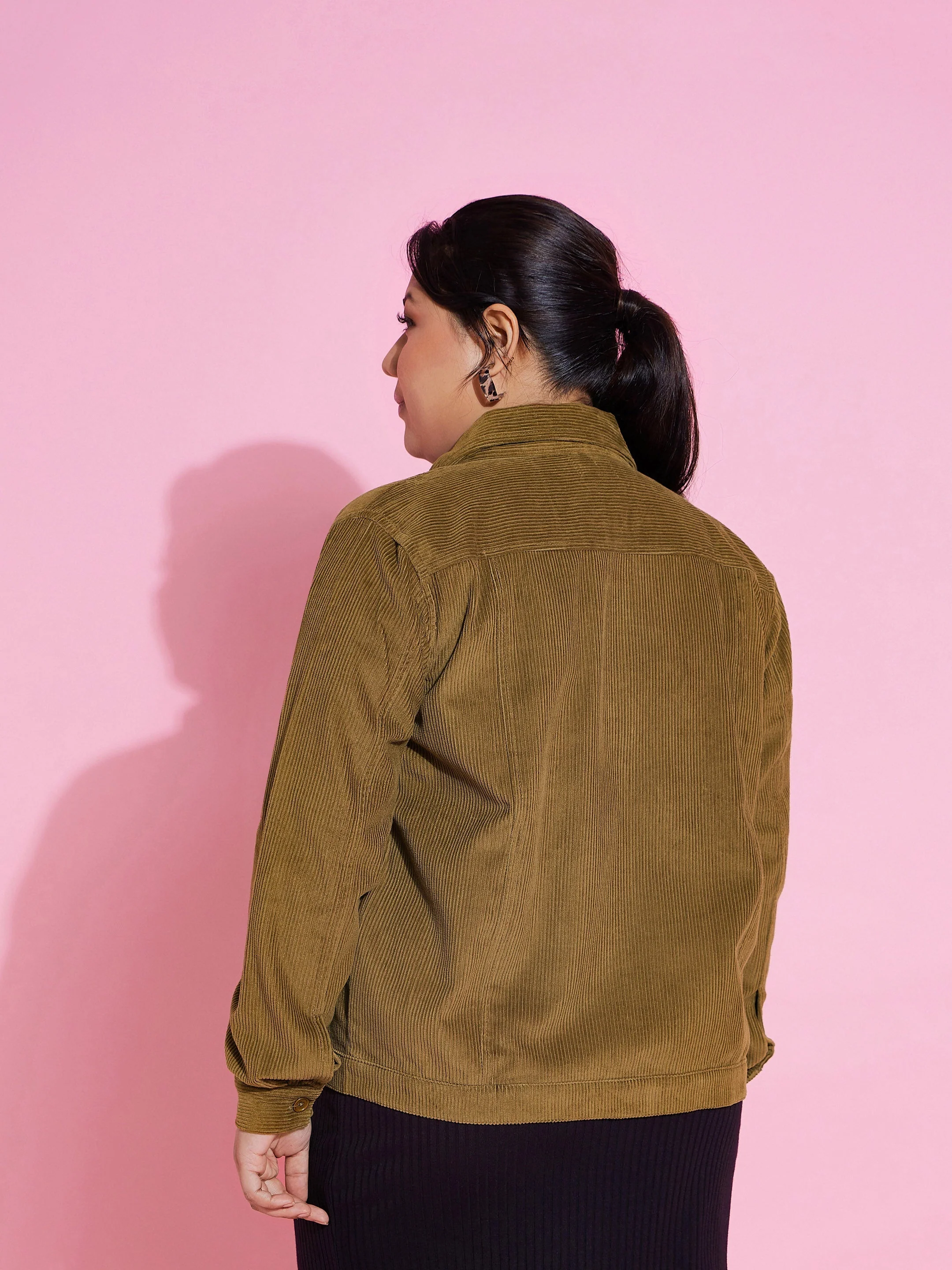 Women Beige Corduroy Button Jacket - Image 5