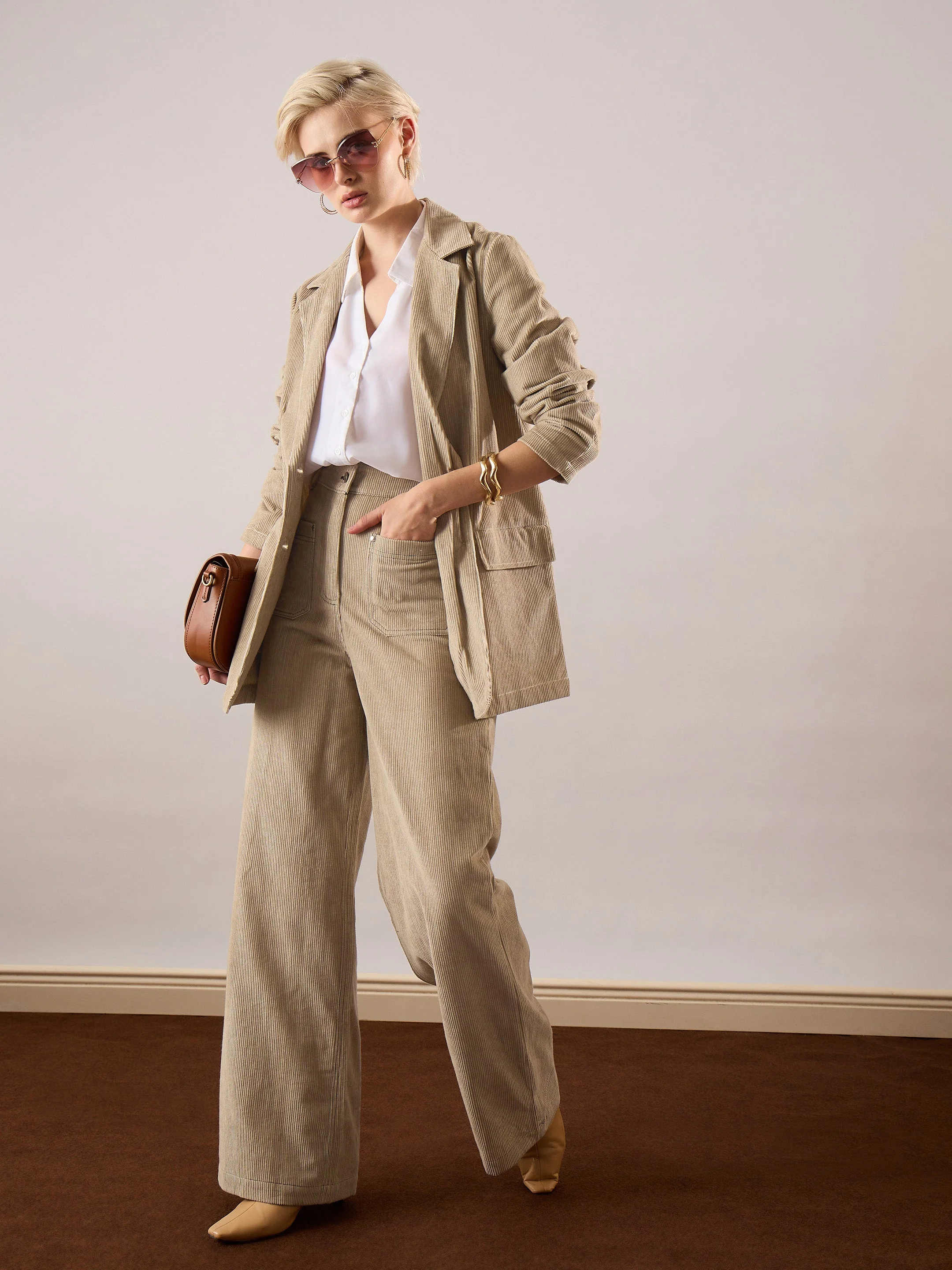 Women Beige Corduroy Front Patch Pocket Wide Leg Pants - Image 2