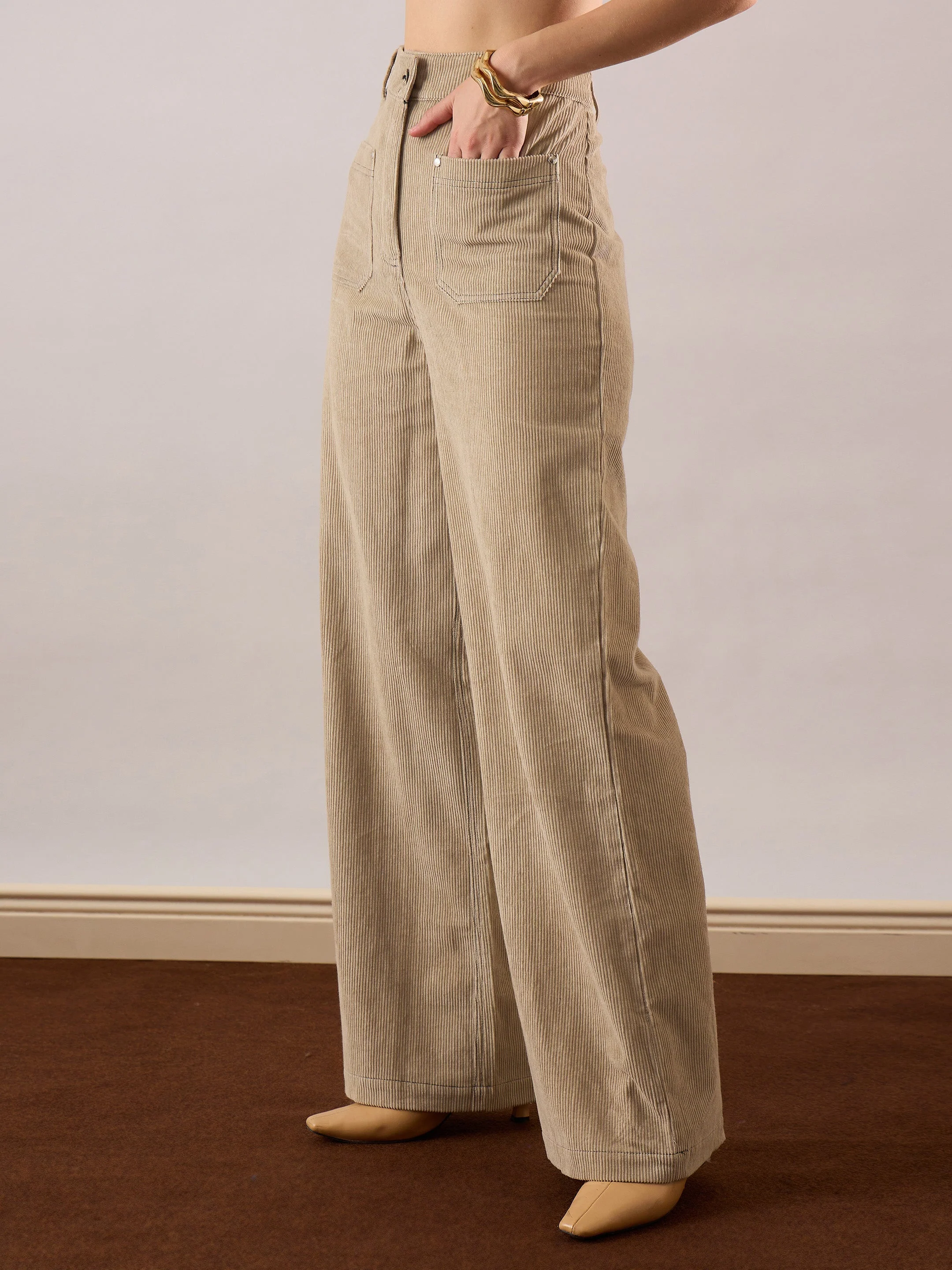 Women Beige Corduroy Front Patch Pocket Wide Leg Pants - Image 3