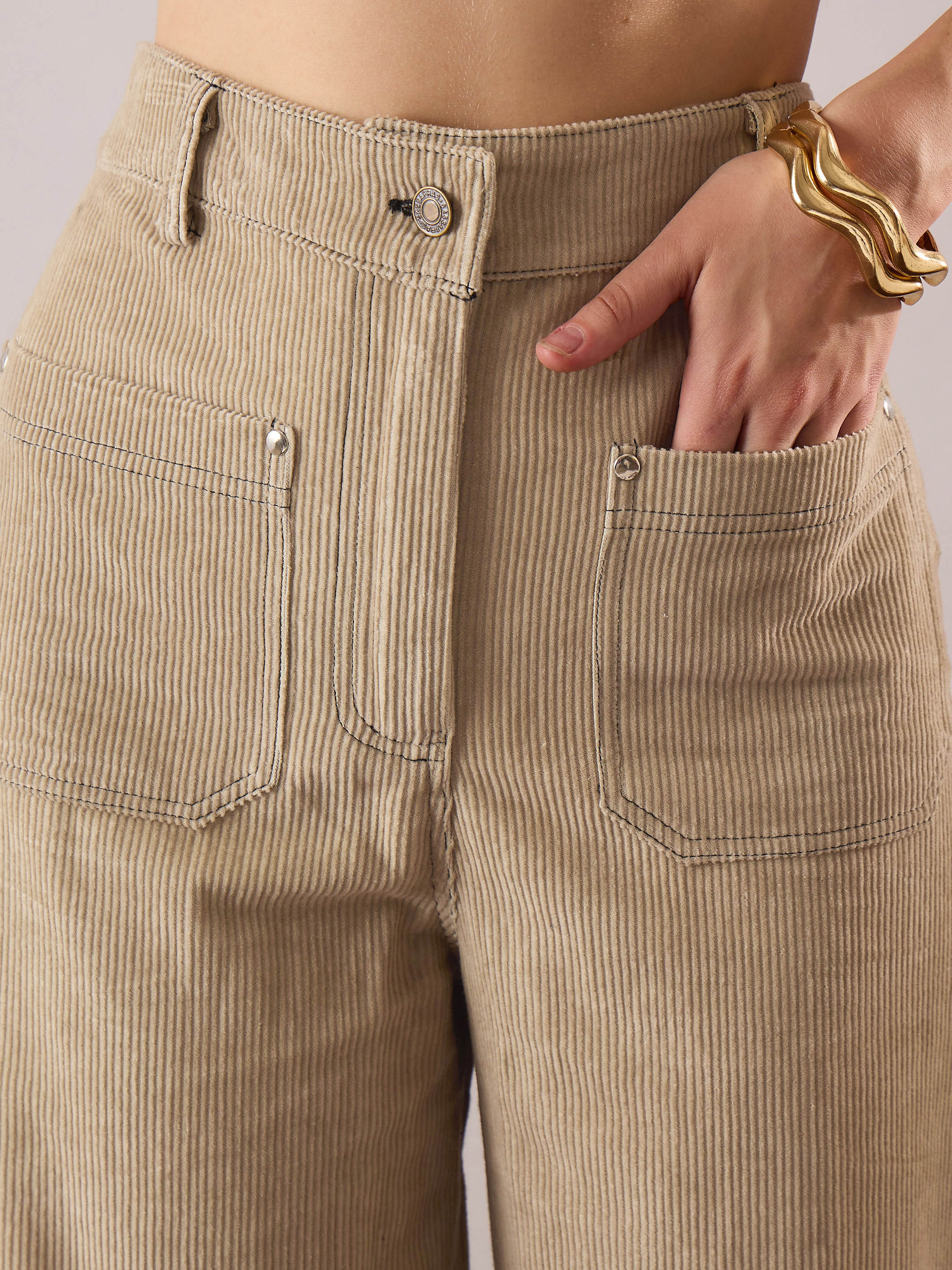Women Beige Corduroy Front Patch Pocket Wide Leg Pants - Image 4
