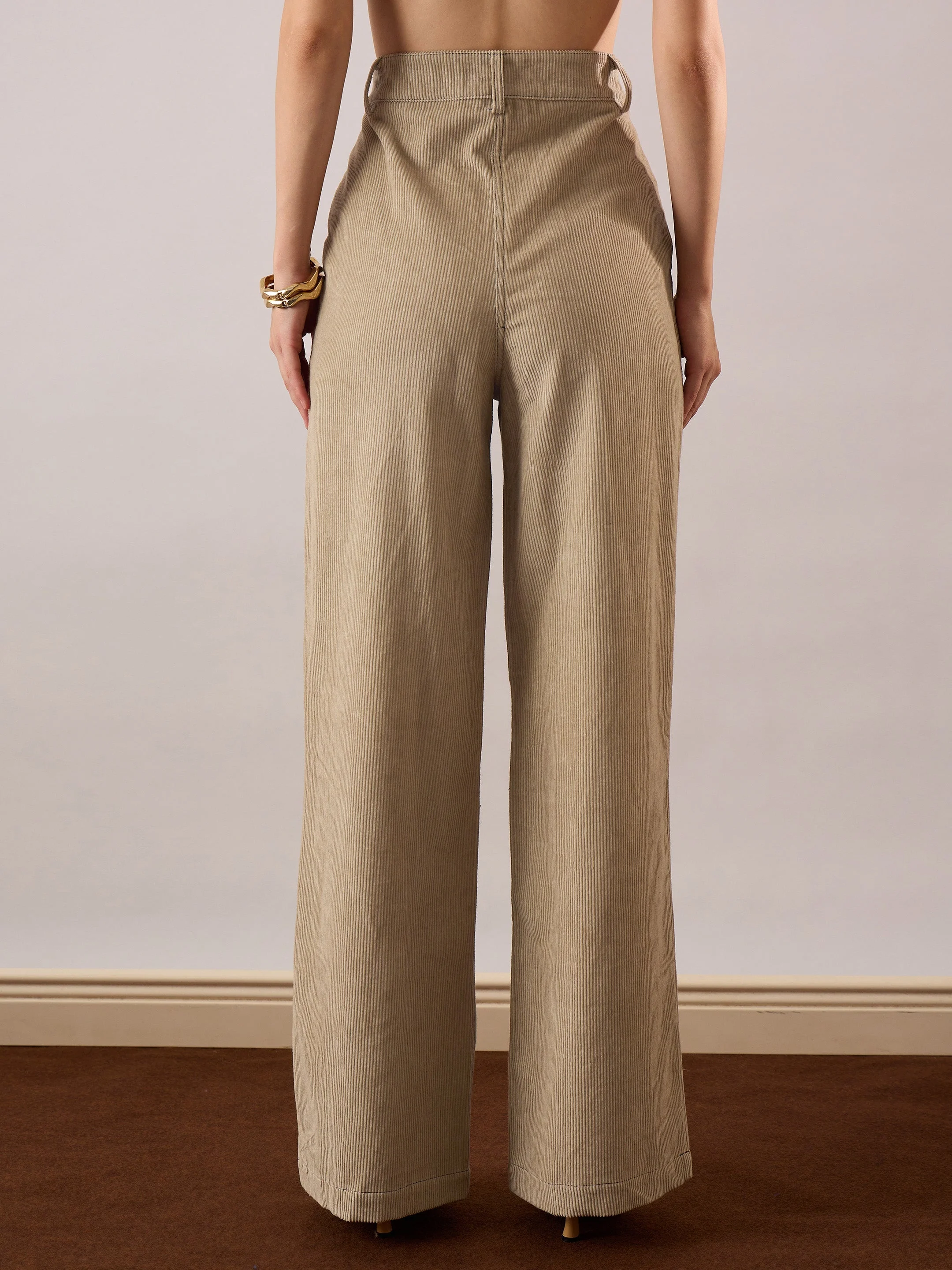 Women Beige Corduroy Front Patch Pocket Wide Leg Pants - Image 5