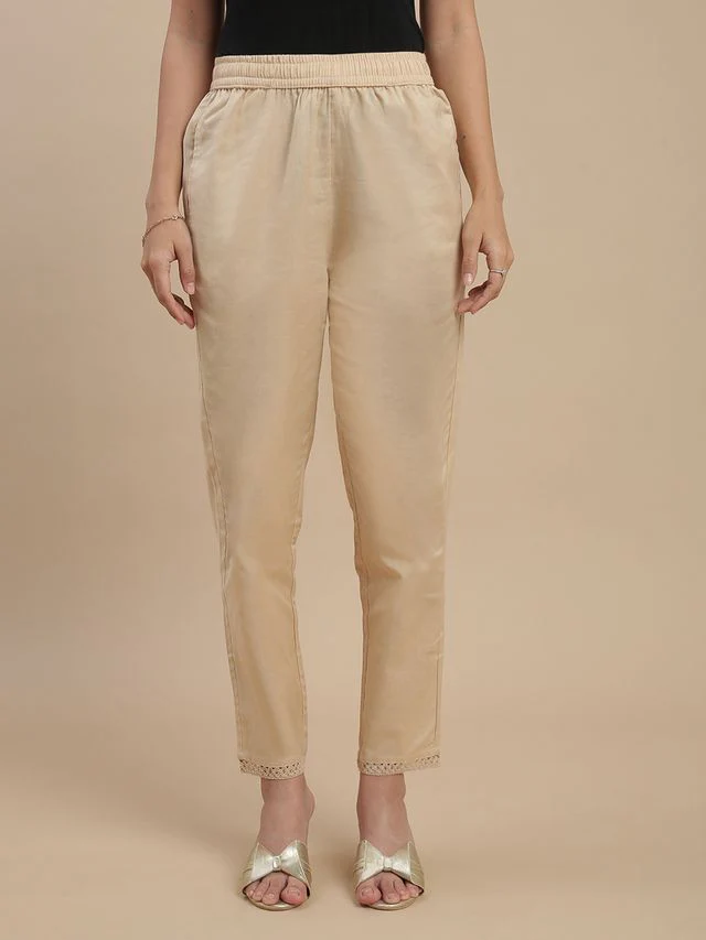 Women Beige Cotton Lace Pants