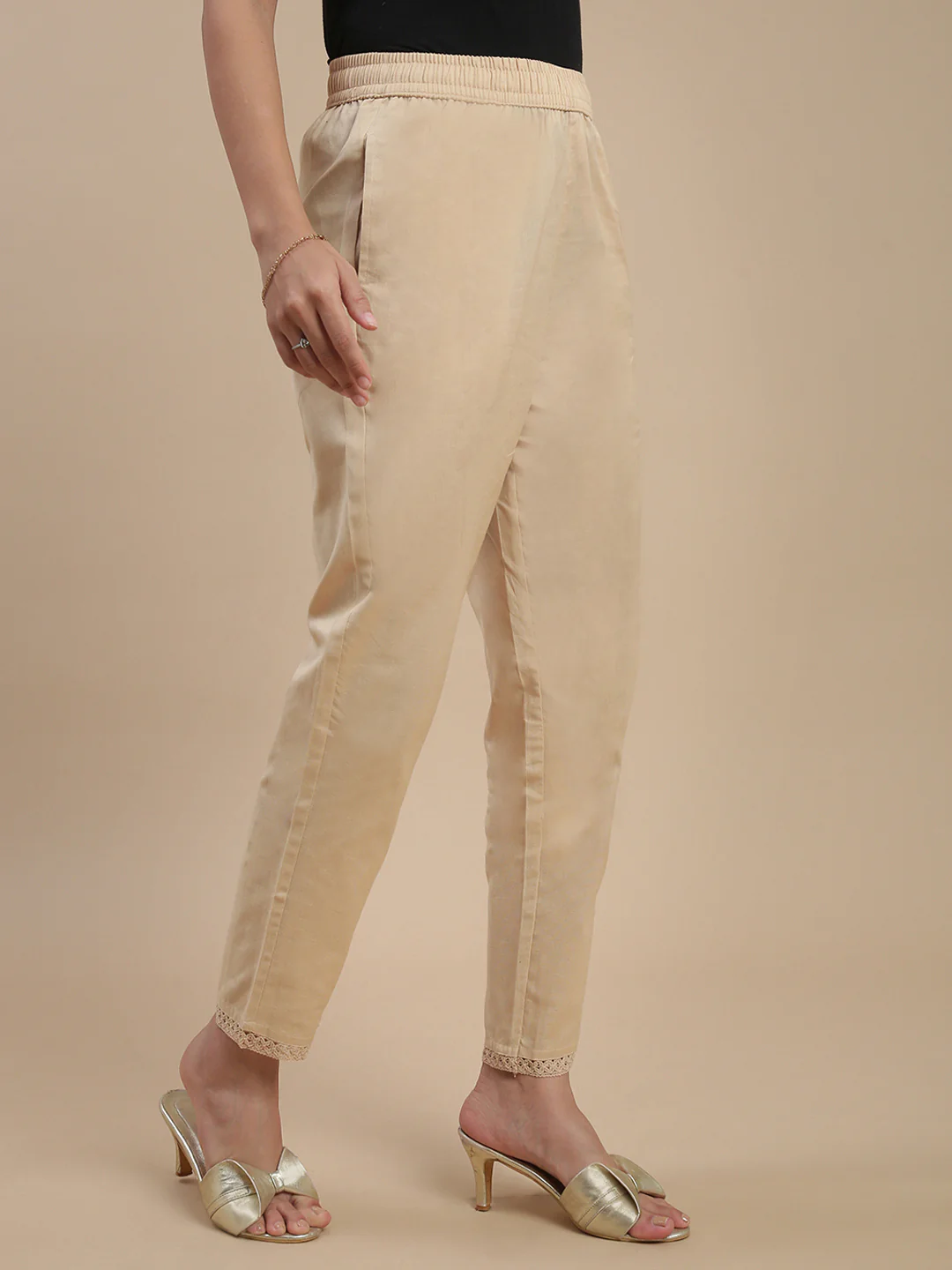 Women Beige Cotton Lace Pants - Image 2