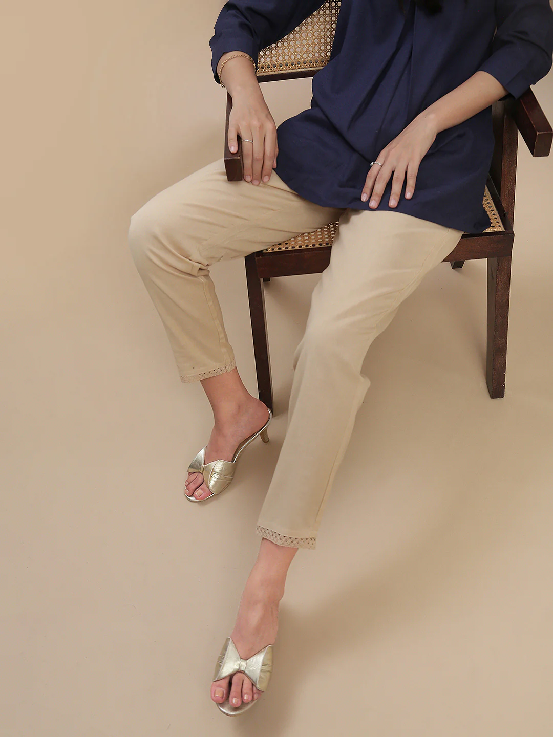 Women Beige Cotton Lace Pants - Image 4