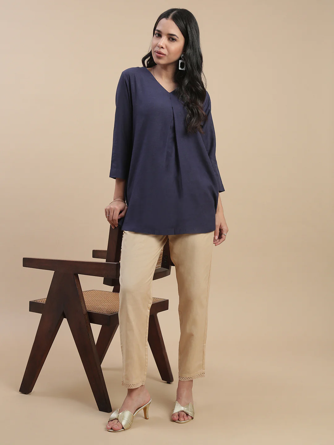 Women Beige Cotton Lace Pants - Image 5