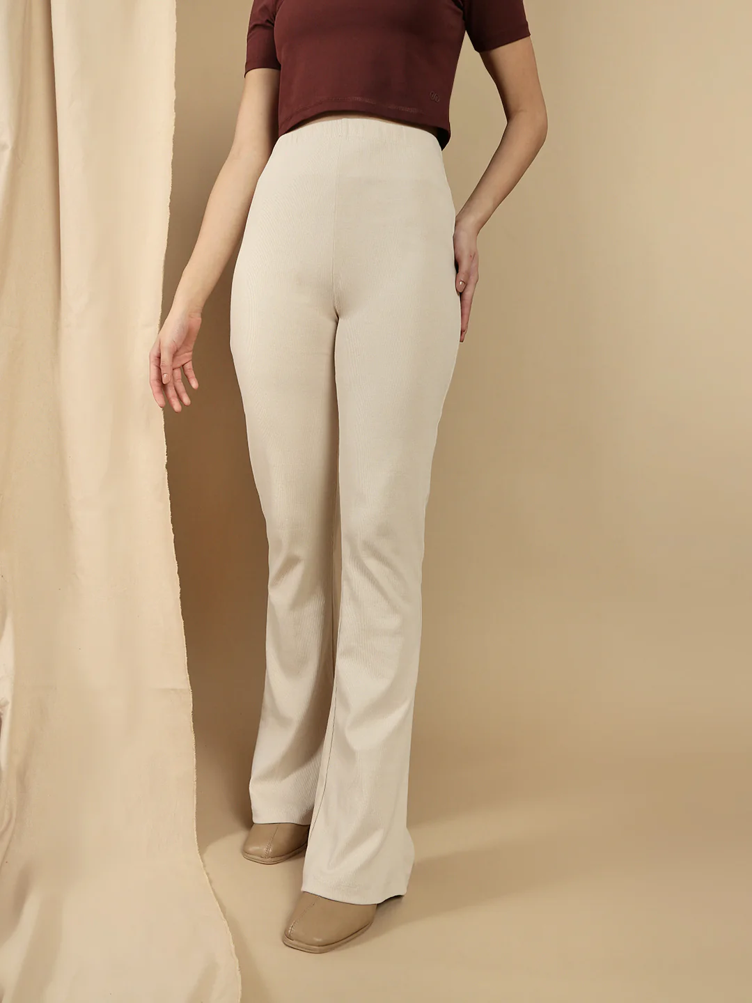 Women Beige Cotton Lycra Pant - Image 2