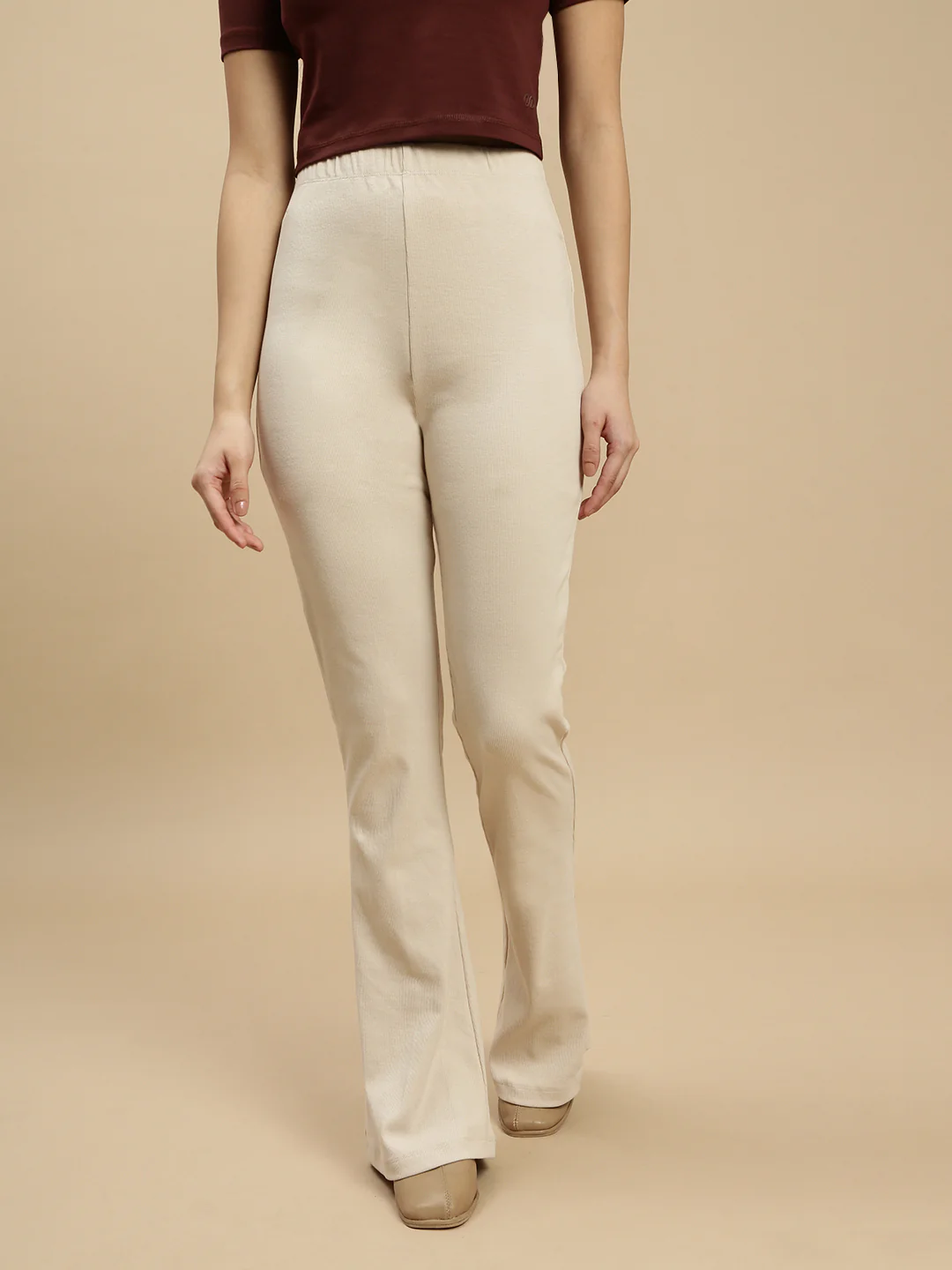 Women Beige Cotton Lycra Pant - Image 6