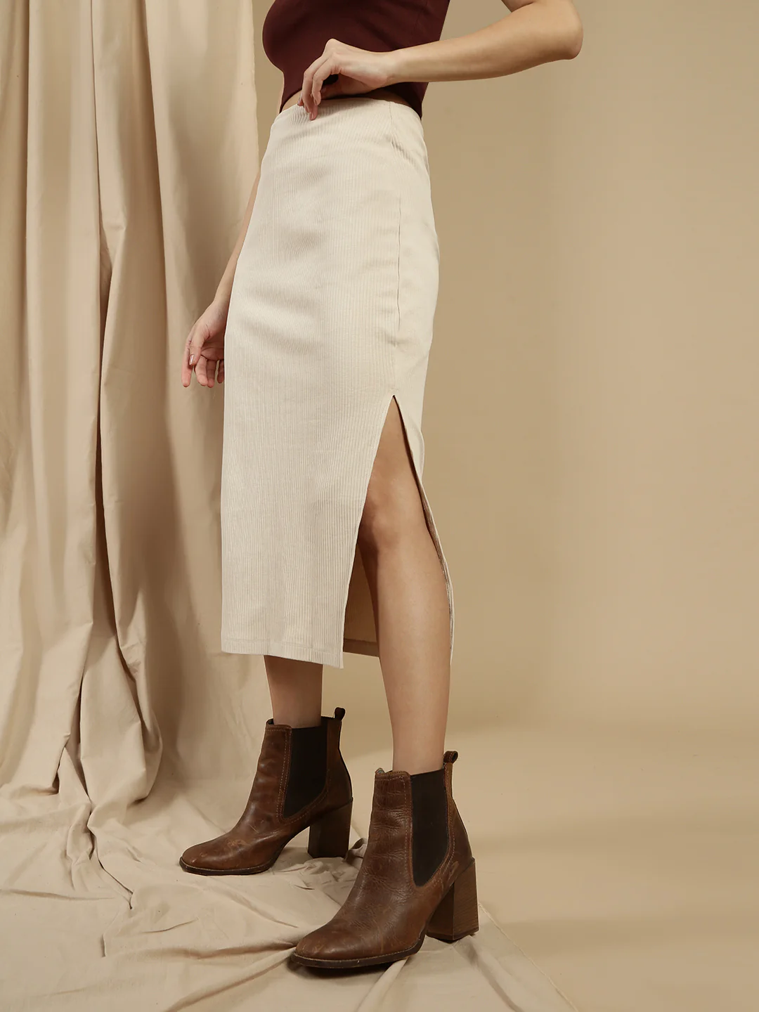 Women Beige Cotton Lycra Skirt - Image 2
