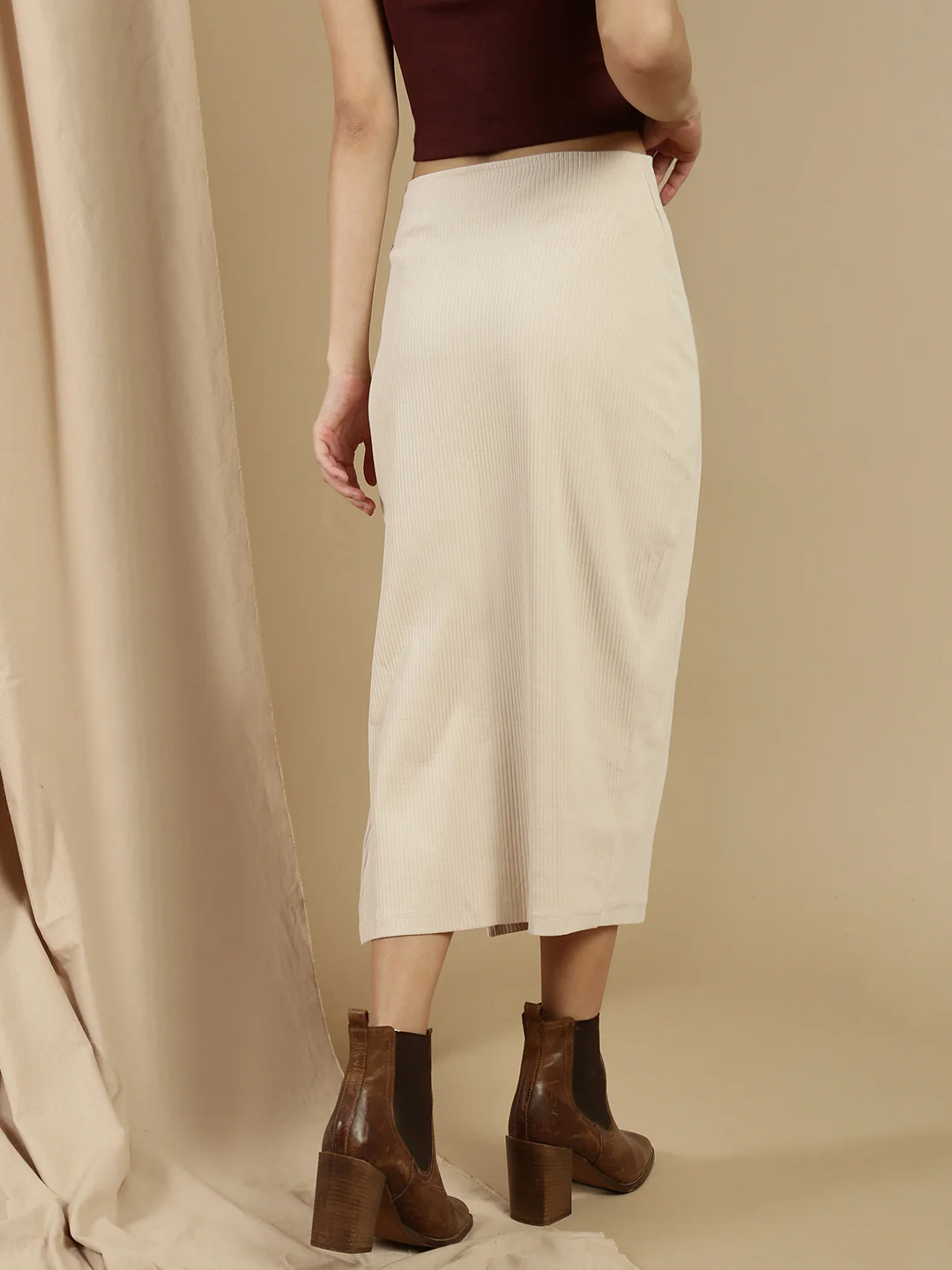 Women Beige Cotton Lycra Skirt - Image 3