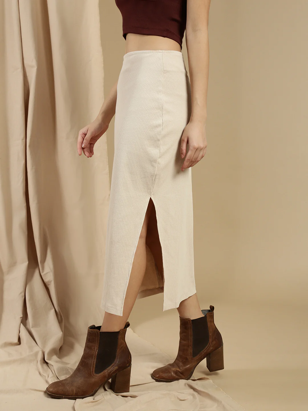 Women Beige Cotton Lycra Skirt - Image 6