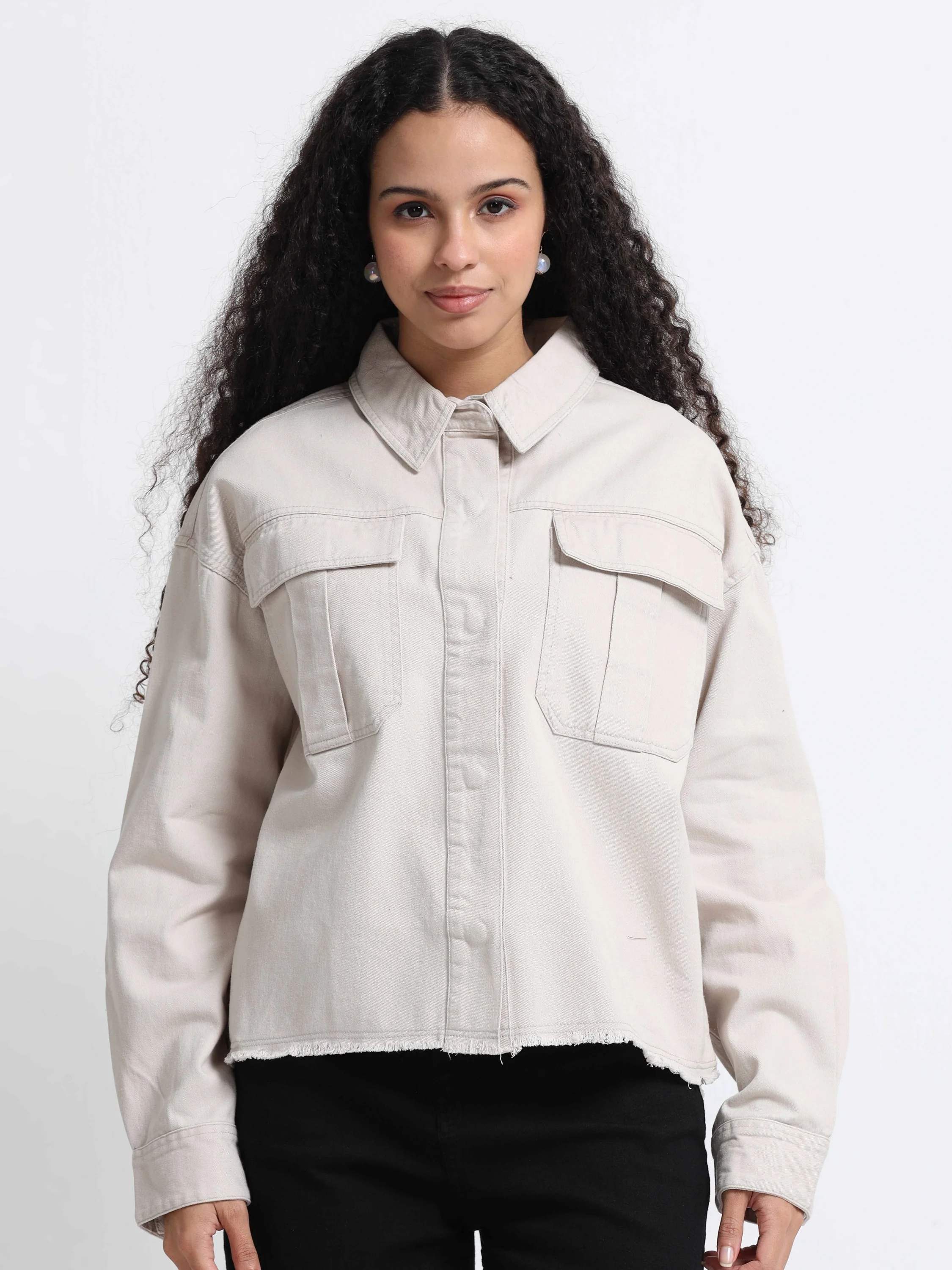 Women Beige Cotton Oversized Shacket  - Image 2