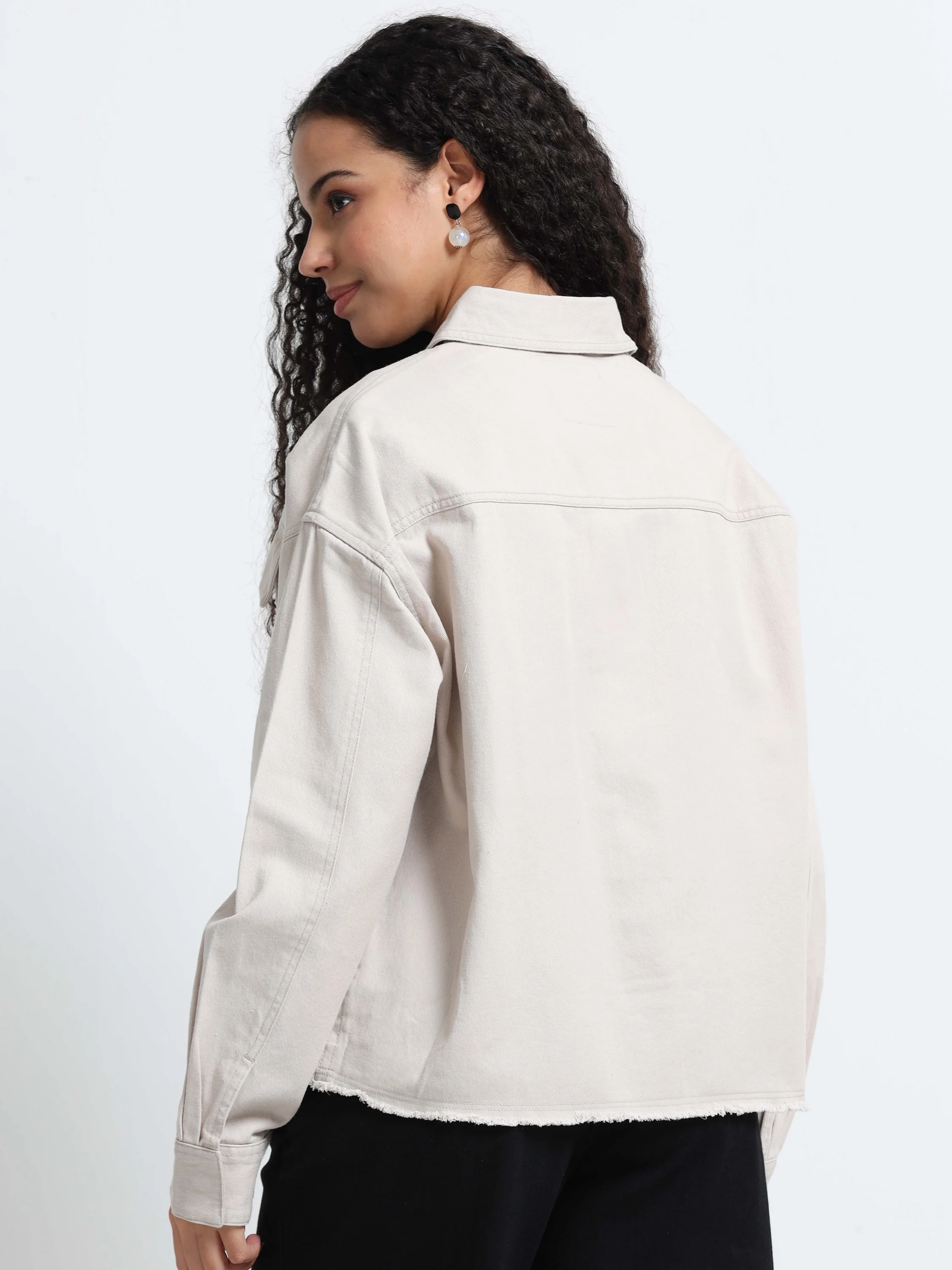 Women Beige Cotton Oversized Shacket  - Image 4