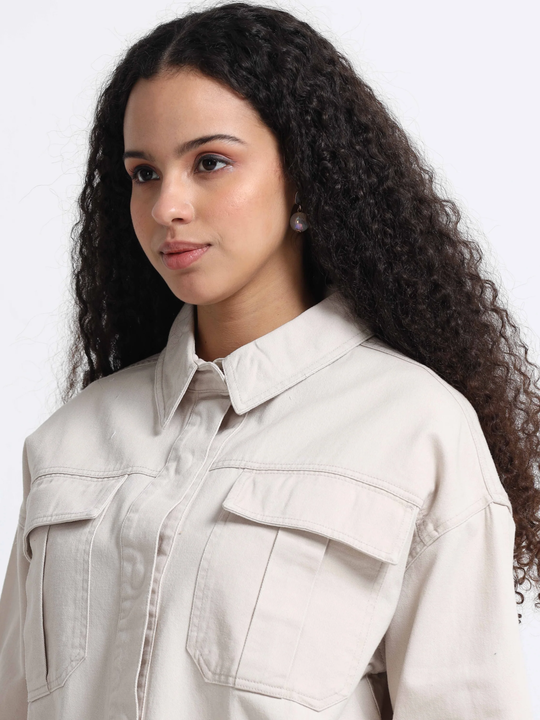 Women Beige Cotton Oversized Shacket  - Image 6