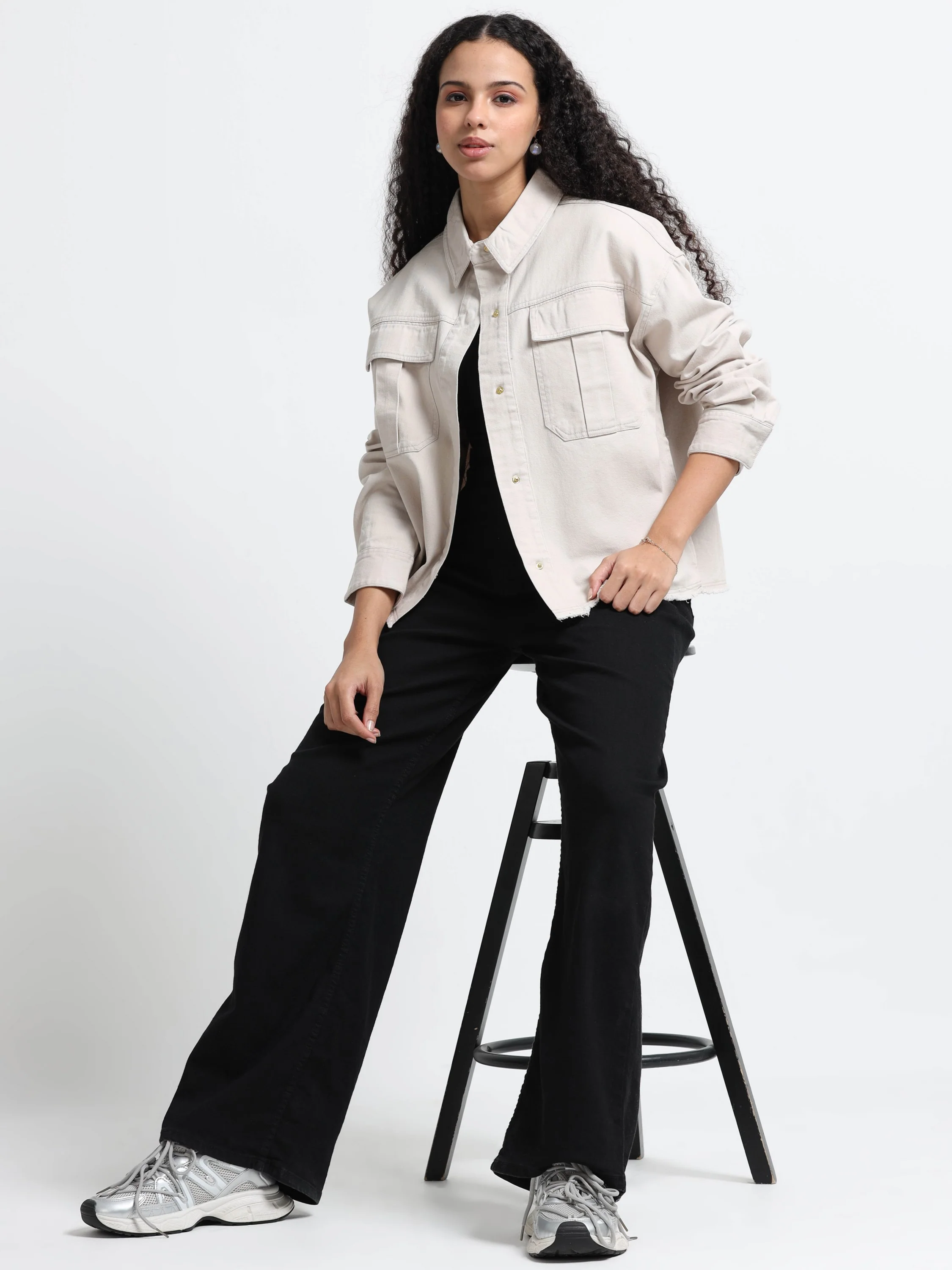 Women Beige Cotton Oversized Shacket  - Image 7
