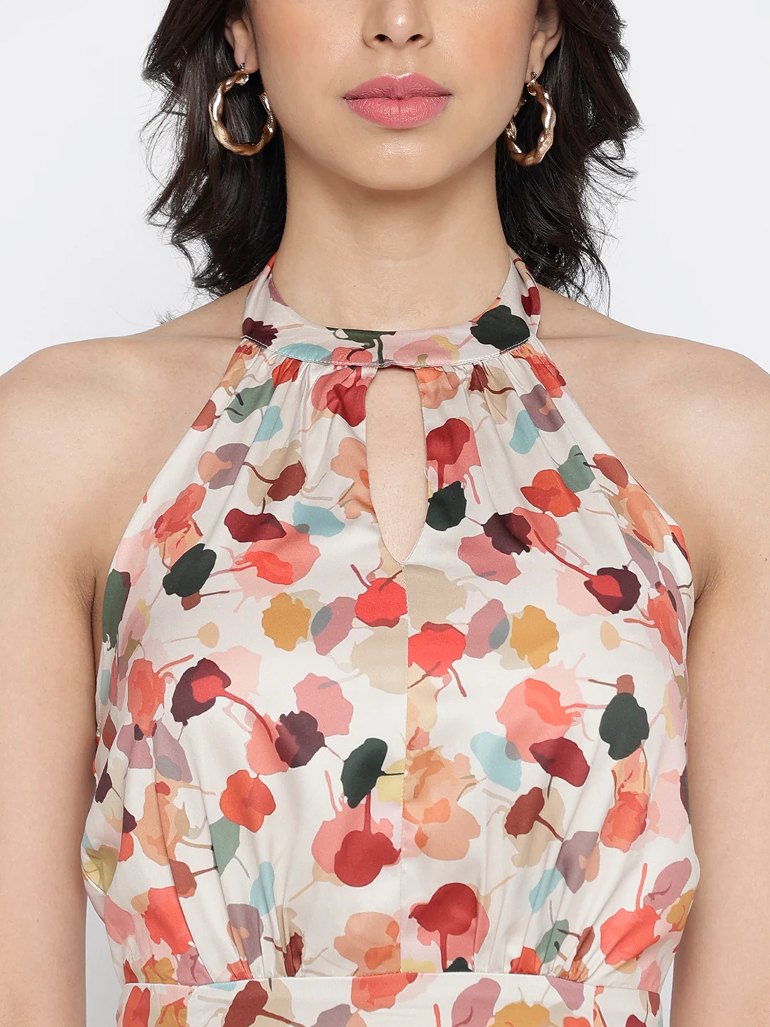 Women Beige Crepe Flora Fun Maxi Dress - Image 3
