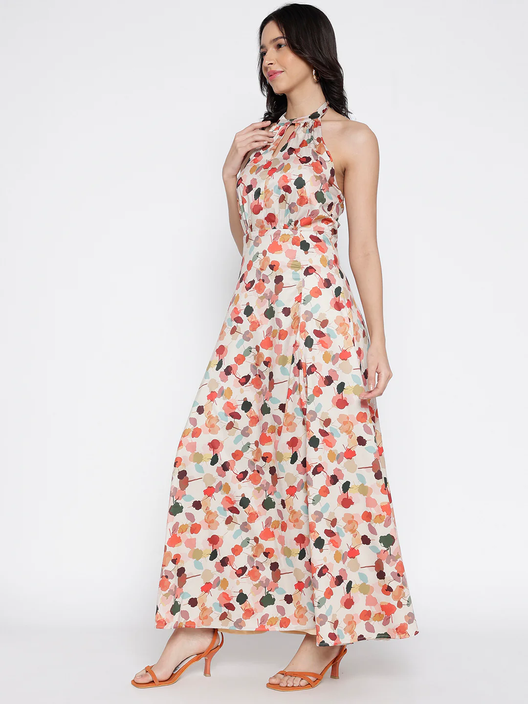 Women Beige Crepe Flora Fun Maxi Dress - Image 4