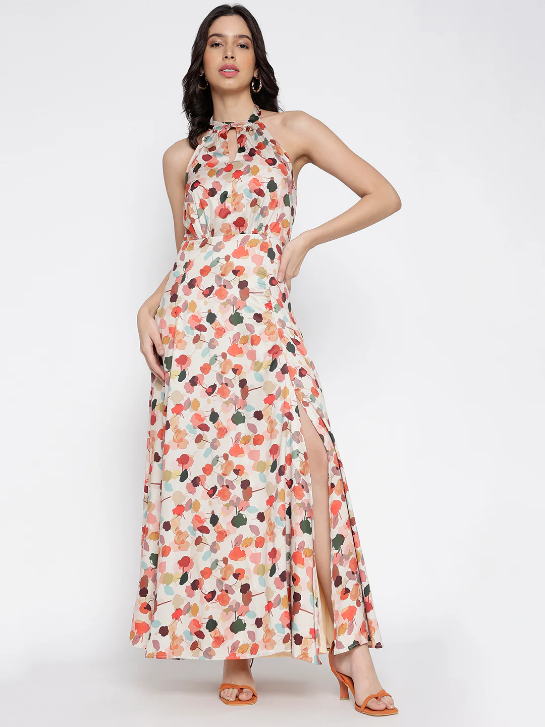 Women Beige Crepe Flora Fun Maxi Dress - Image 5