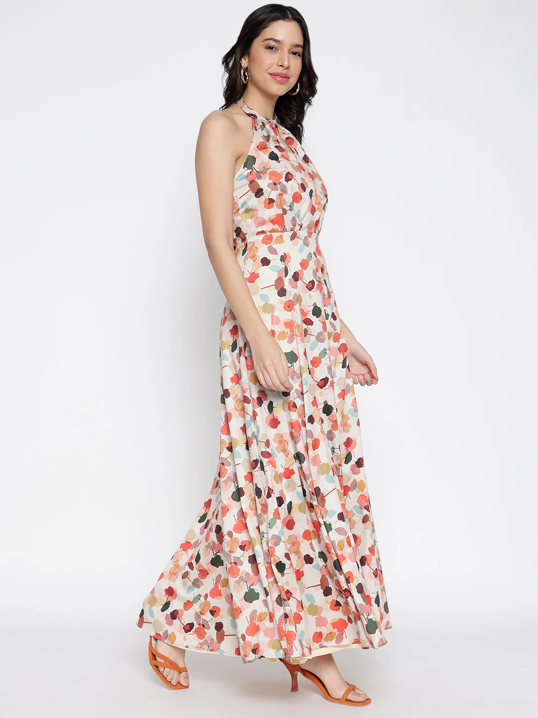 Women Beige Crepe Flora Fun Maxi Dress - Image 6