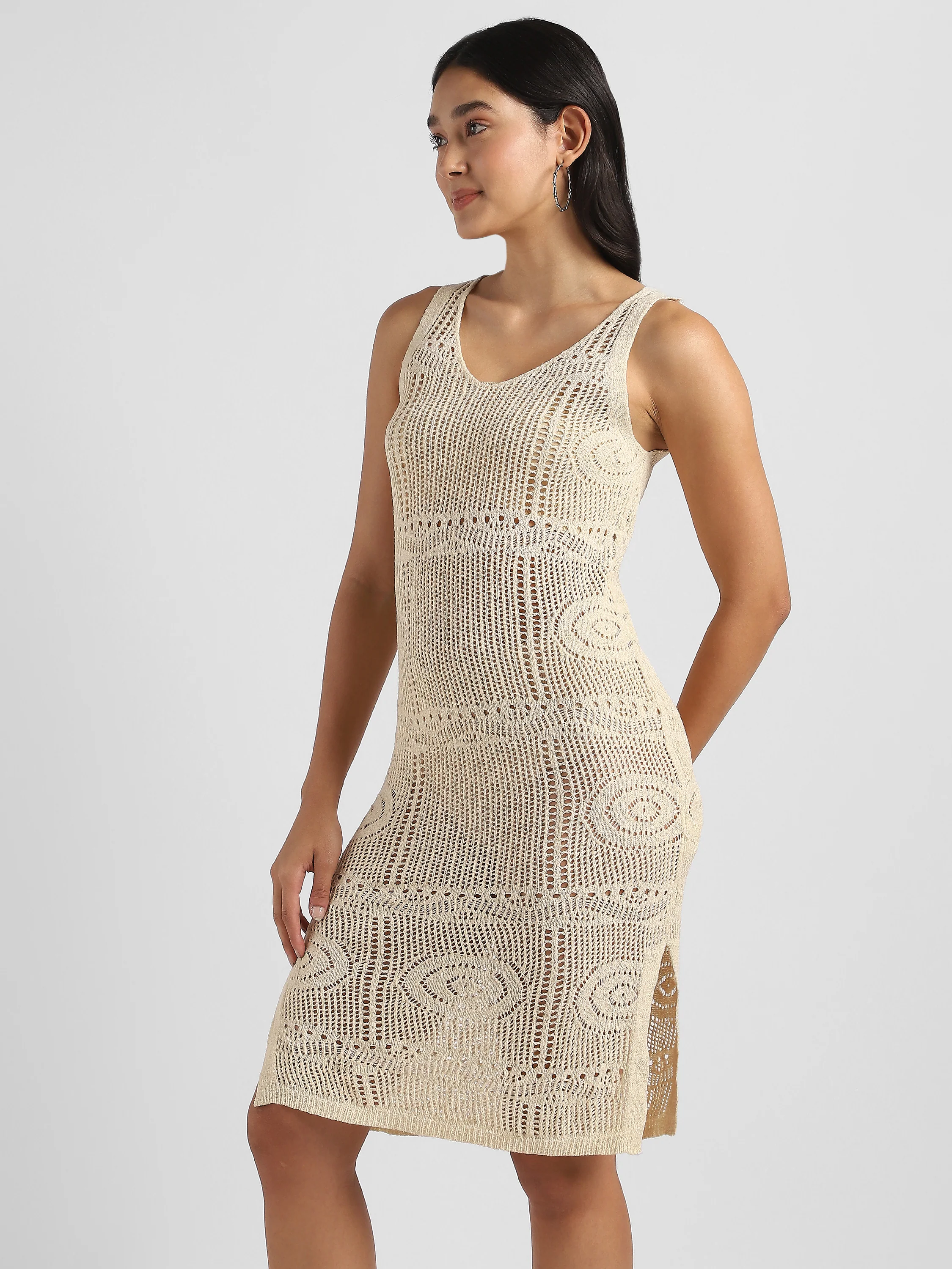 Women Beige Crochet Bodycon Dress - Image 2
