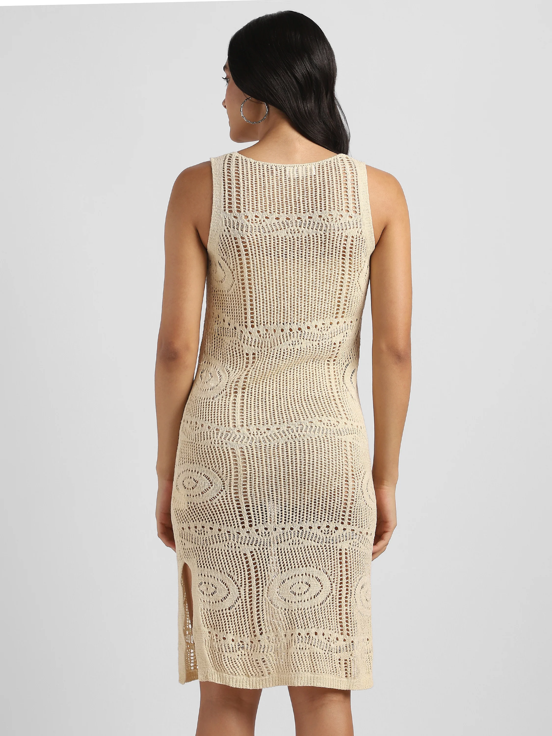 Women Beige Crochet Bodycon Dress - Image 3