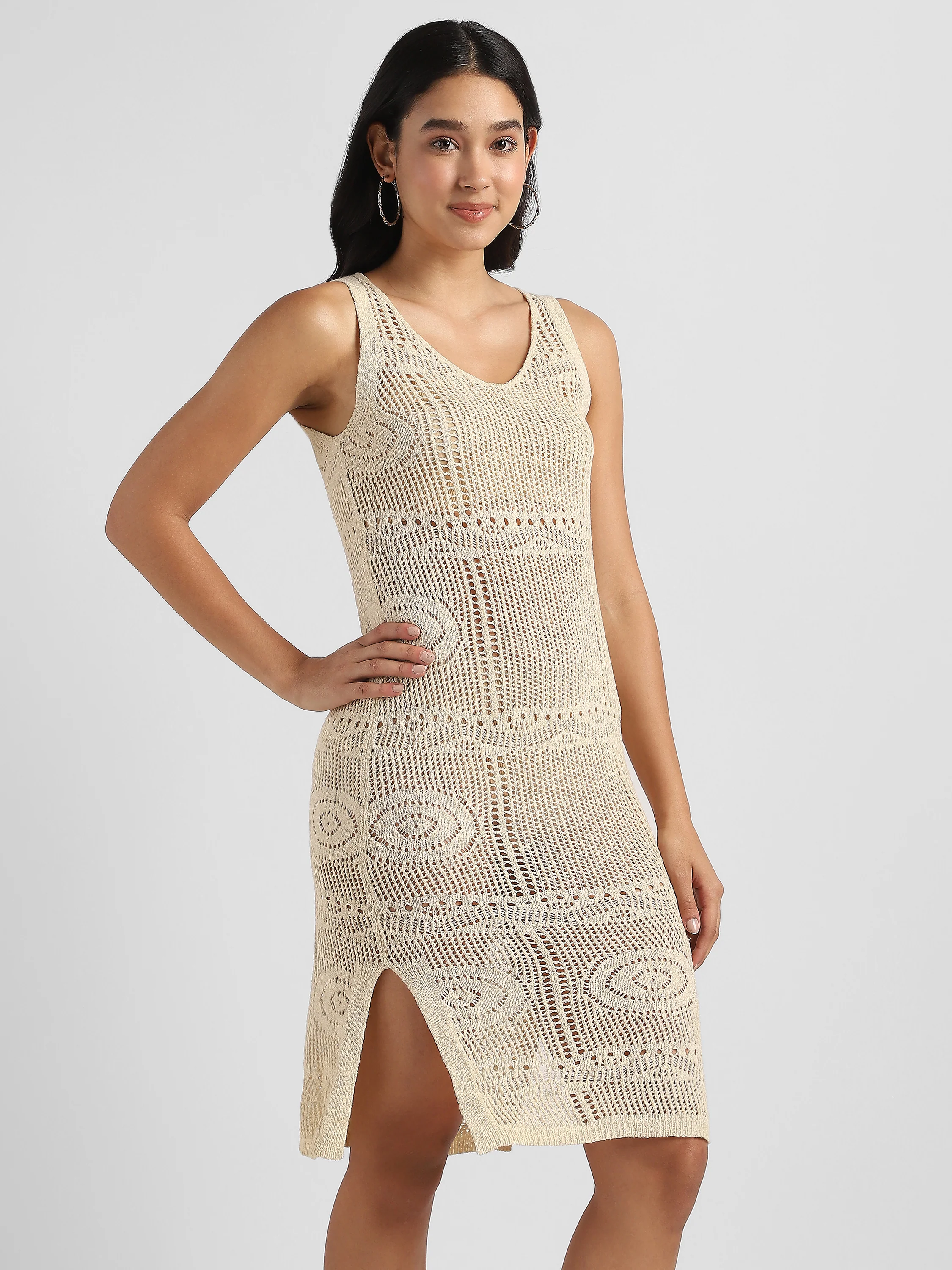 Women Beige Crochet Bodycon Dress - Image 4