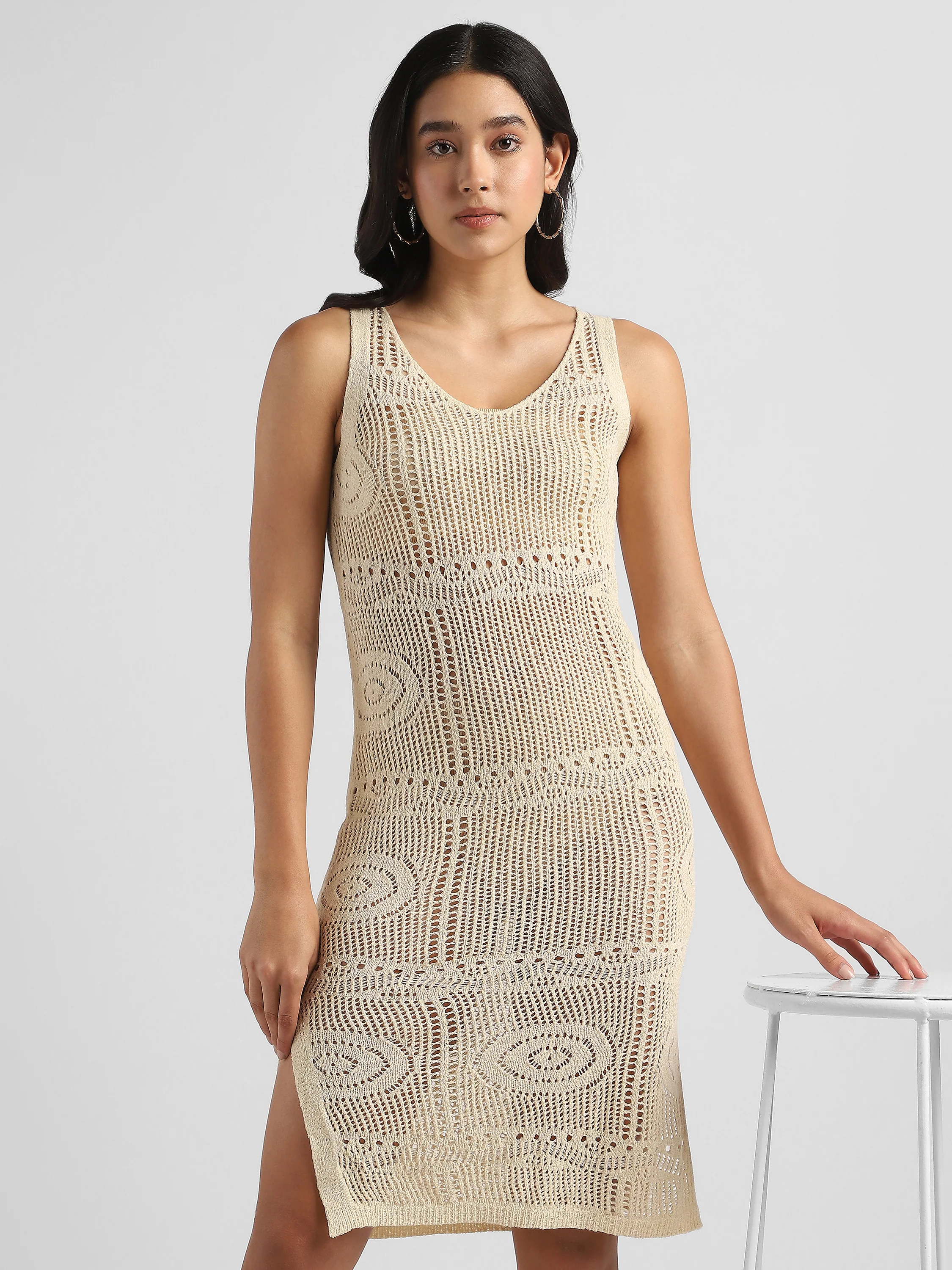 Women Beige Crochet Bodycon Dress - Image 8