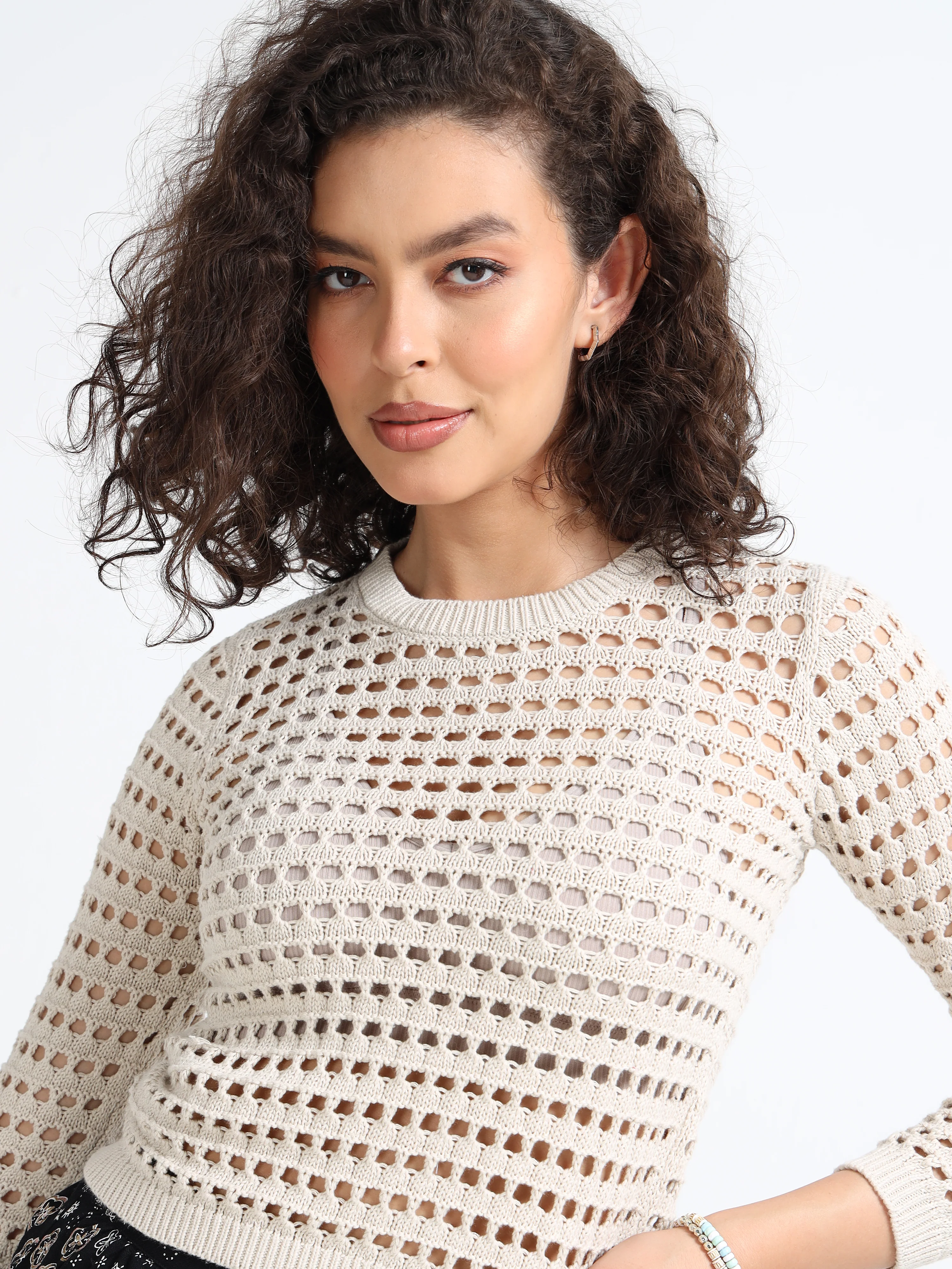 Women Beige Crochet Sweater - Image 2