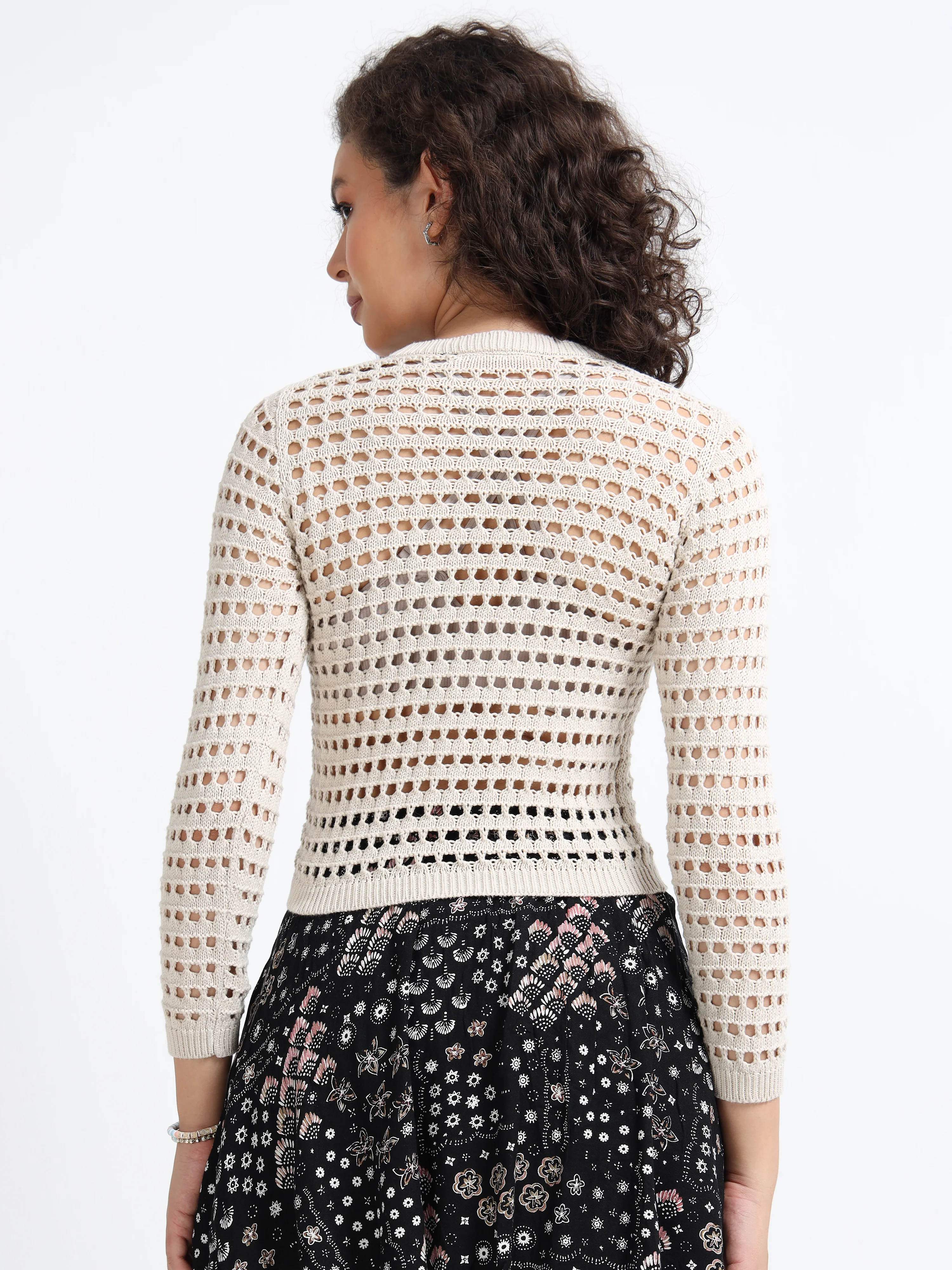 Women Beige Crochet Sweater - Image 3