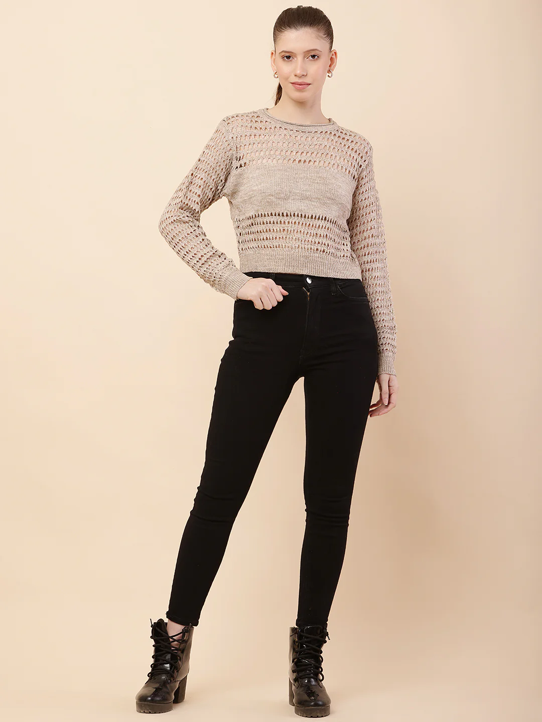 Women Beige Crochet Sweater - Image 3