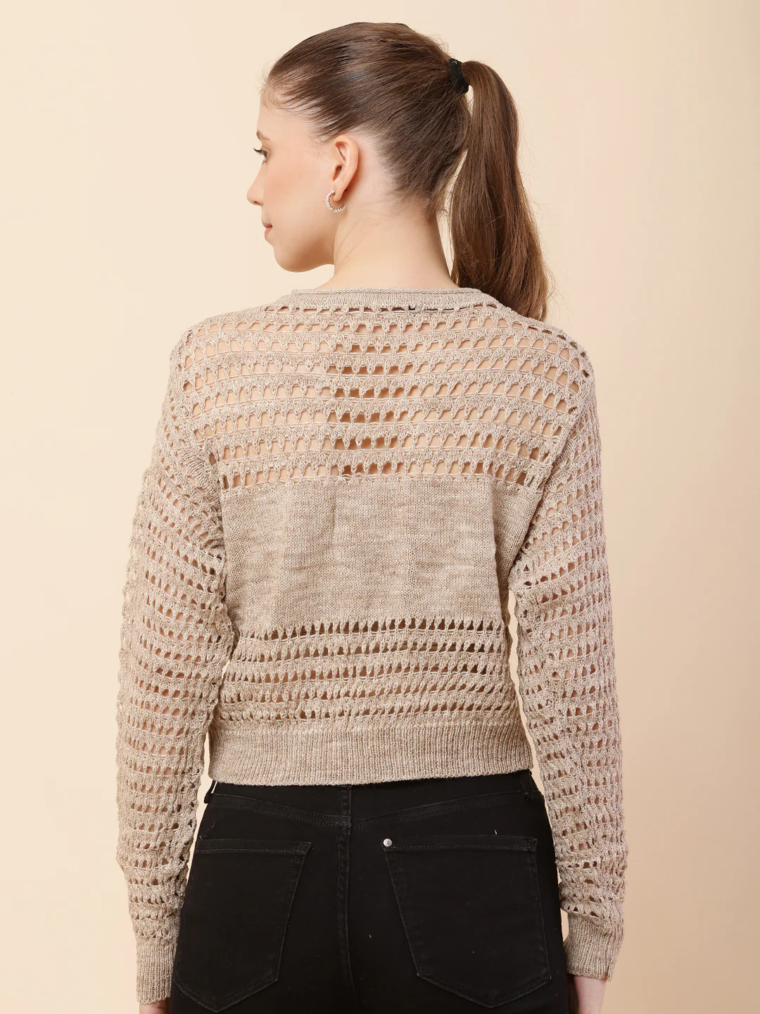 Women Beige Crochet Sweater - Image 4
