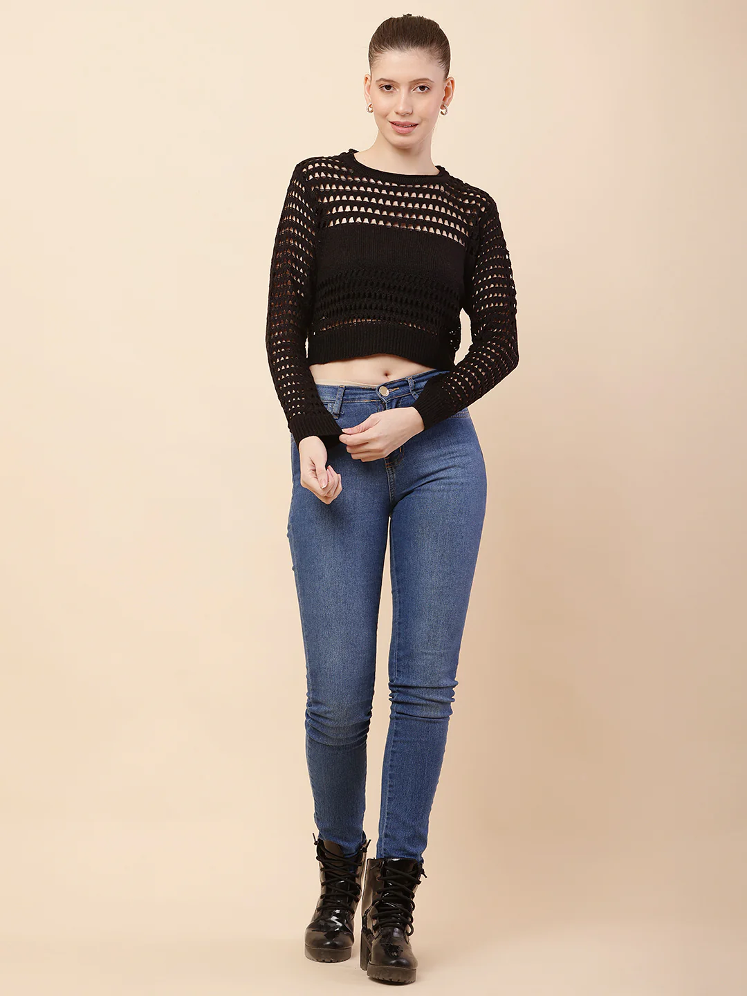 Women Black Crochet Sweater - Image 3