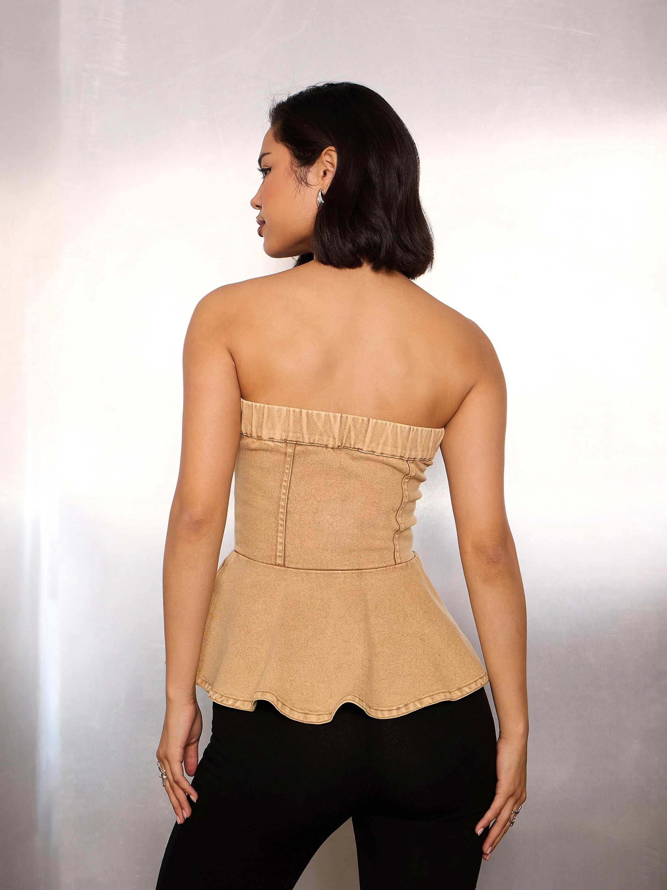 Women Beige Denim Corsage Button Down Top - Image 5