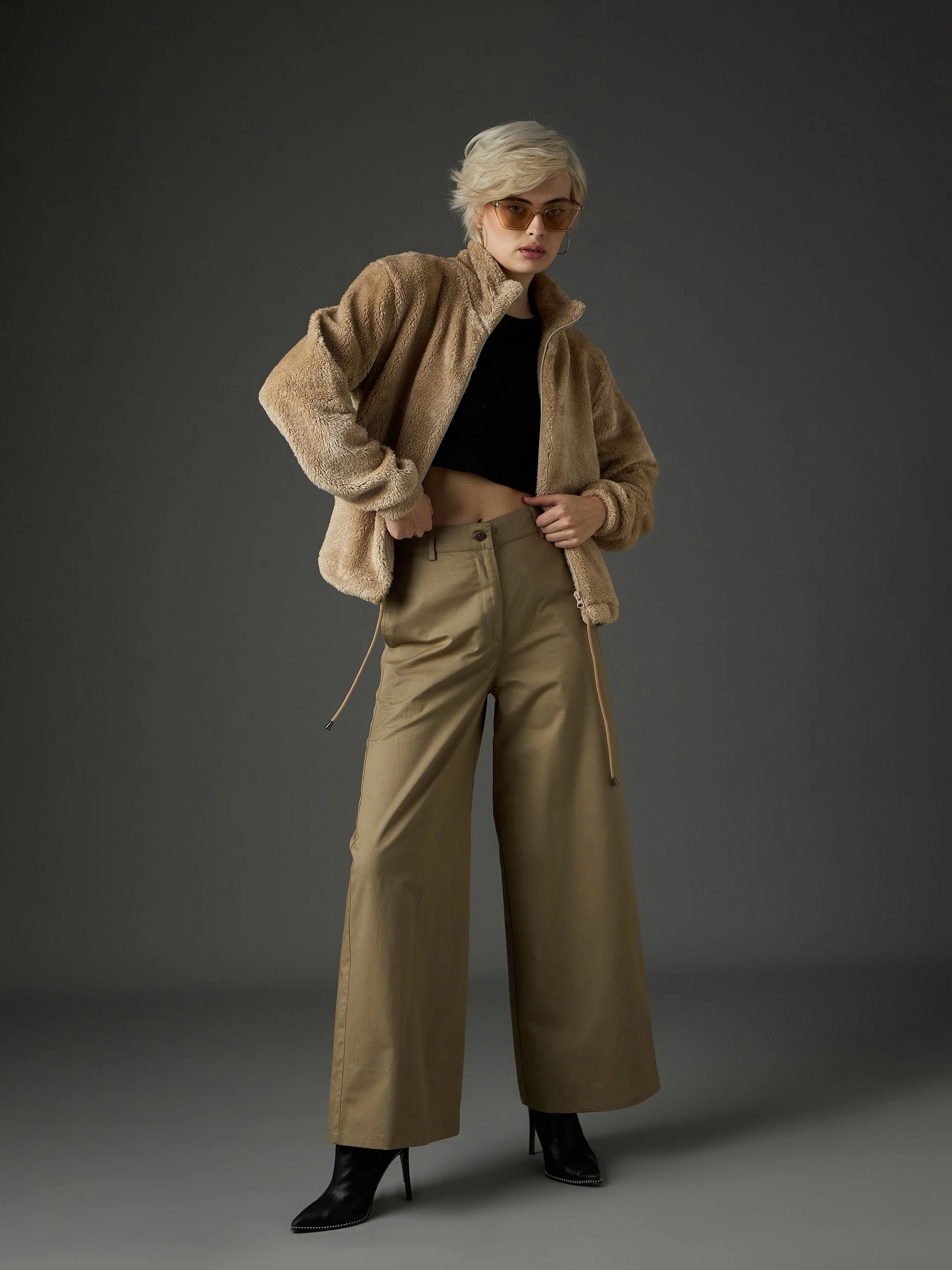 Women Beige Drawstring Faux Fur Jacket - Image 2
