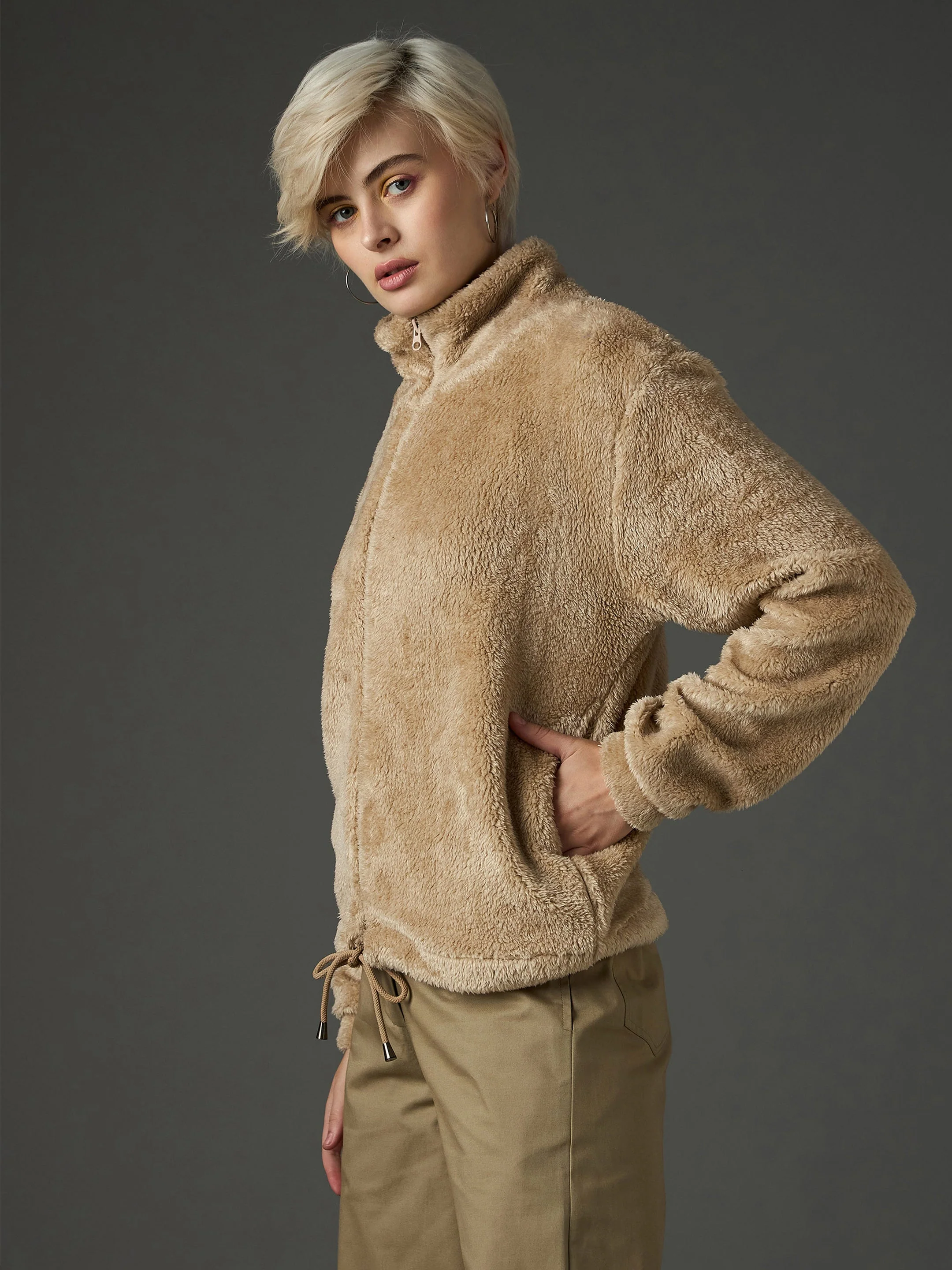 Women Beige Drawstring Faux Fur Jacket - Image 3